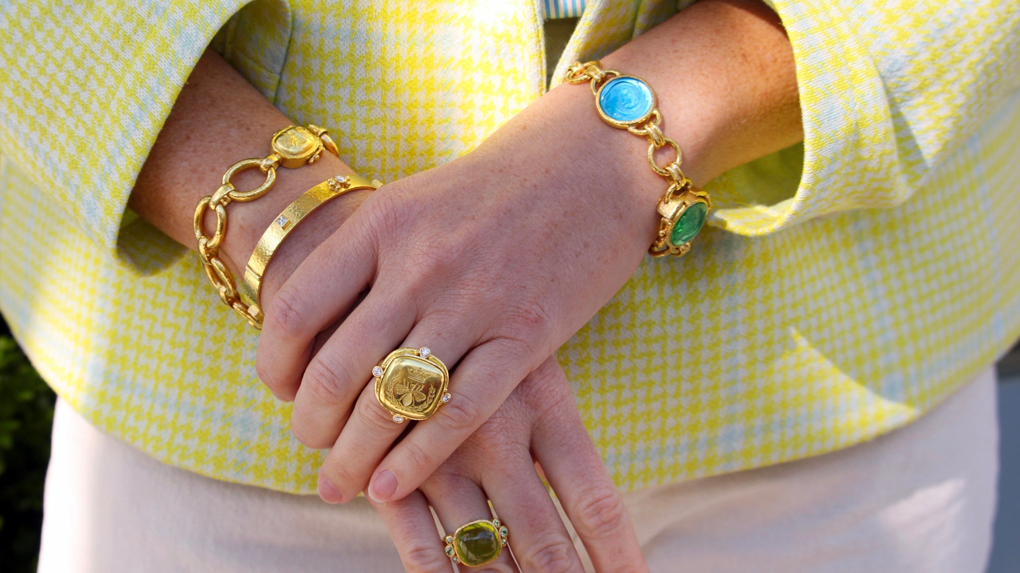 Elizabeth Locke styled bee ring venetian glass intaglio bracelet spring styled