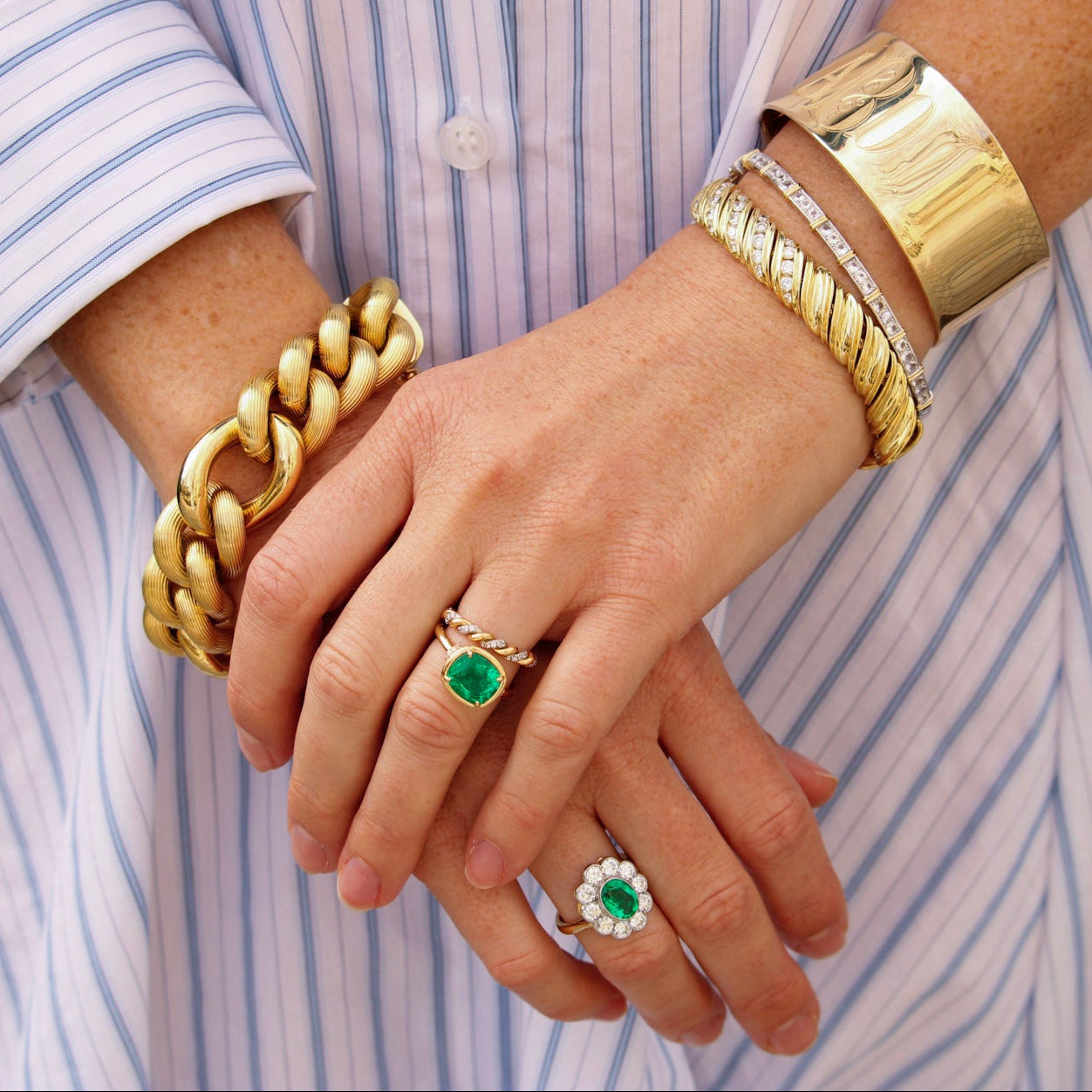 White Sapphire 14K Gold & Sterling Silver Bangle, Estate Jose Hess Diamond 18K Gold Fluted Link Bracelet, Single Stone Emerald Margarette Ring, Single Stone Diamond Two-Tone Large Lara Band, Victorian-Style Oval Emerald & Diamond Scalloped Cluster Ring