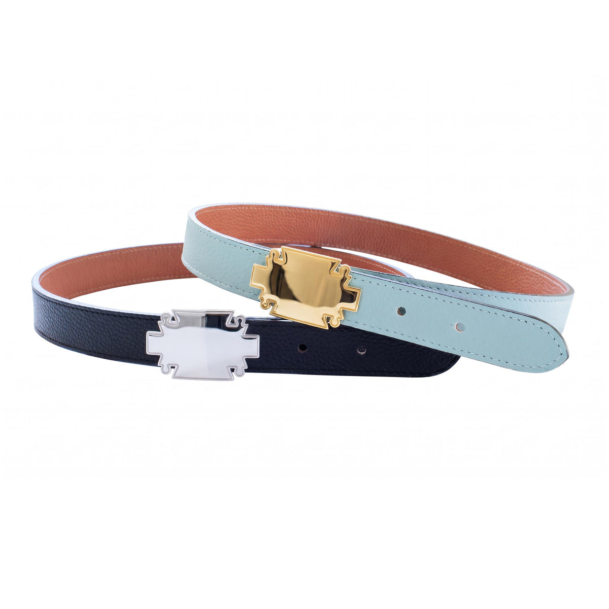 Two regular belts crossed, one black with a silver plaque buckle and one light blue with a gold plaque buckle, on a white background.