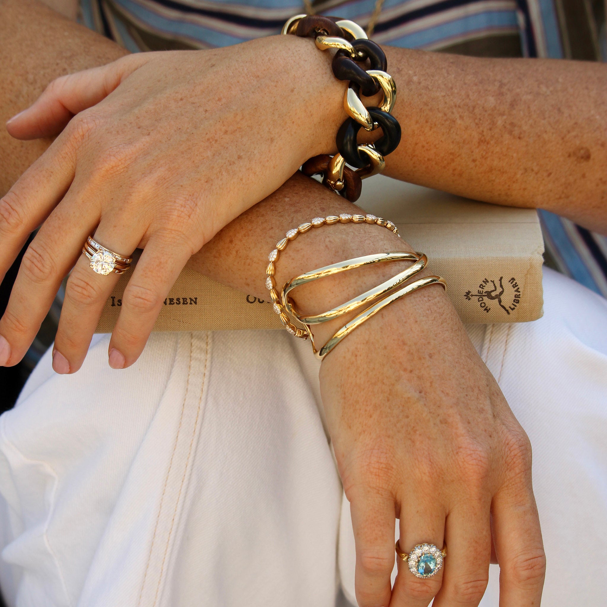3ct Round Brilliant Diamond Solitaire 14K Yellow Gold River Ring, Seaman Schepps Multi Wood Classic Medium Link Bracelet, Diamond Pavé Madeleine 14K Yellow Gold Tennis Bracelet, Vintage Tiffany & Co 18K Yellow Gold Cuff