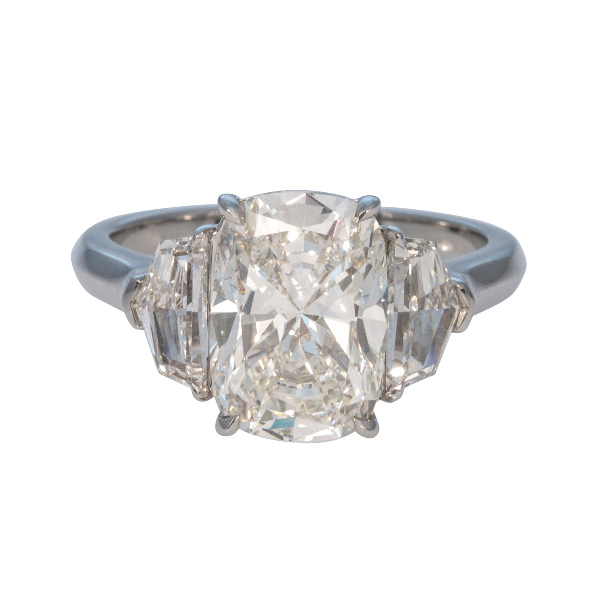 3ct Cushion Center & .81ctw Side Diamond Three-Stone Platinum Ring