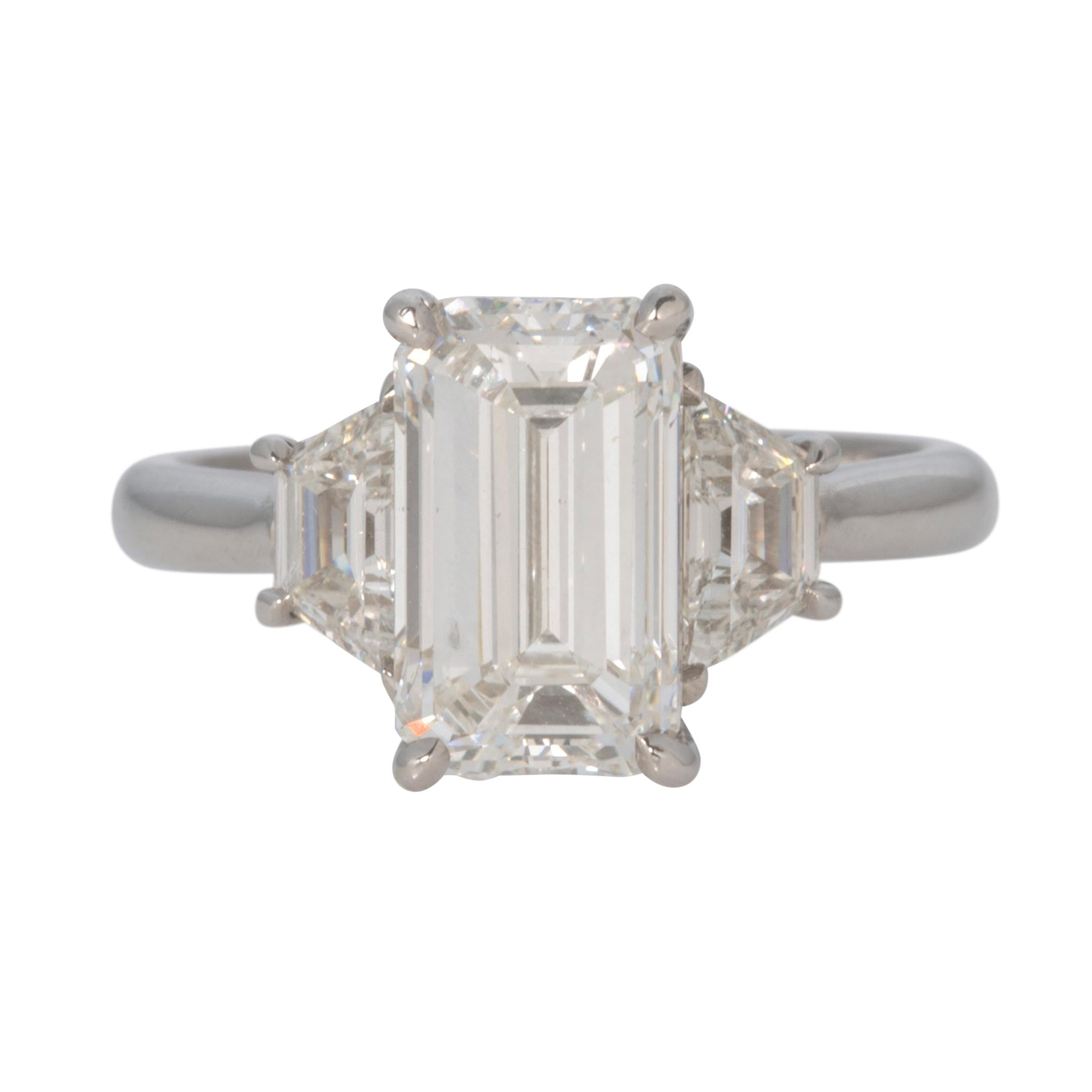 3ct Center Emerald-Cut & 1ctw Side Trapezoid Diamond Three-Stone Platinum Ring