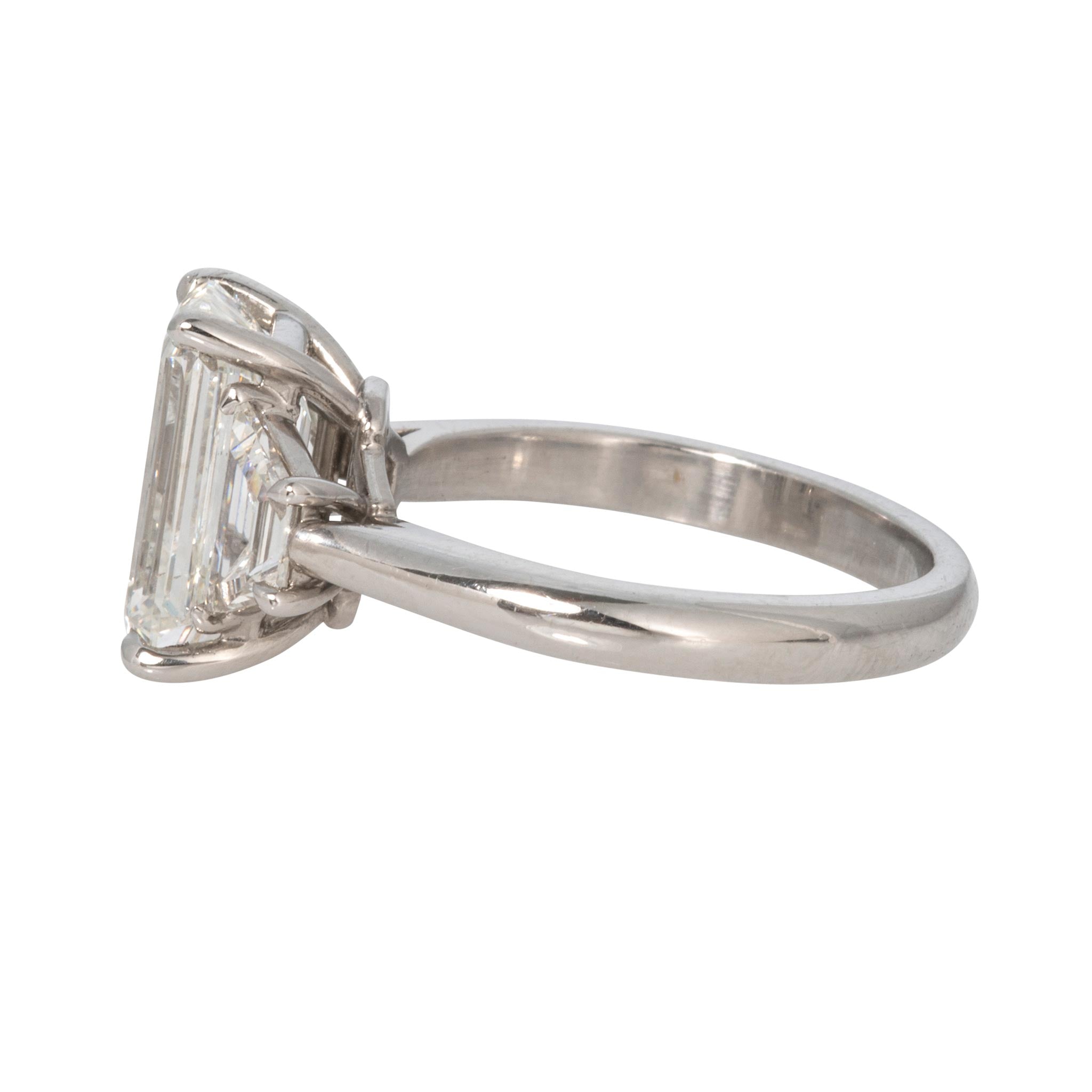 3ct Center Emerald-Cut & 1ctw Side Trapezoid Diamond Three-Stone Platinum Ring