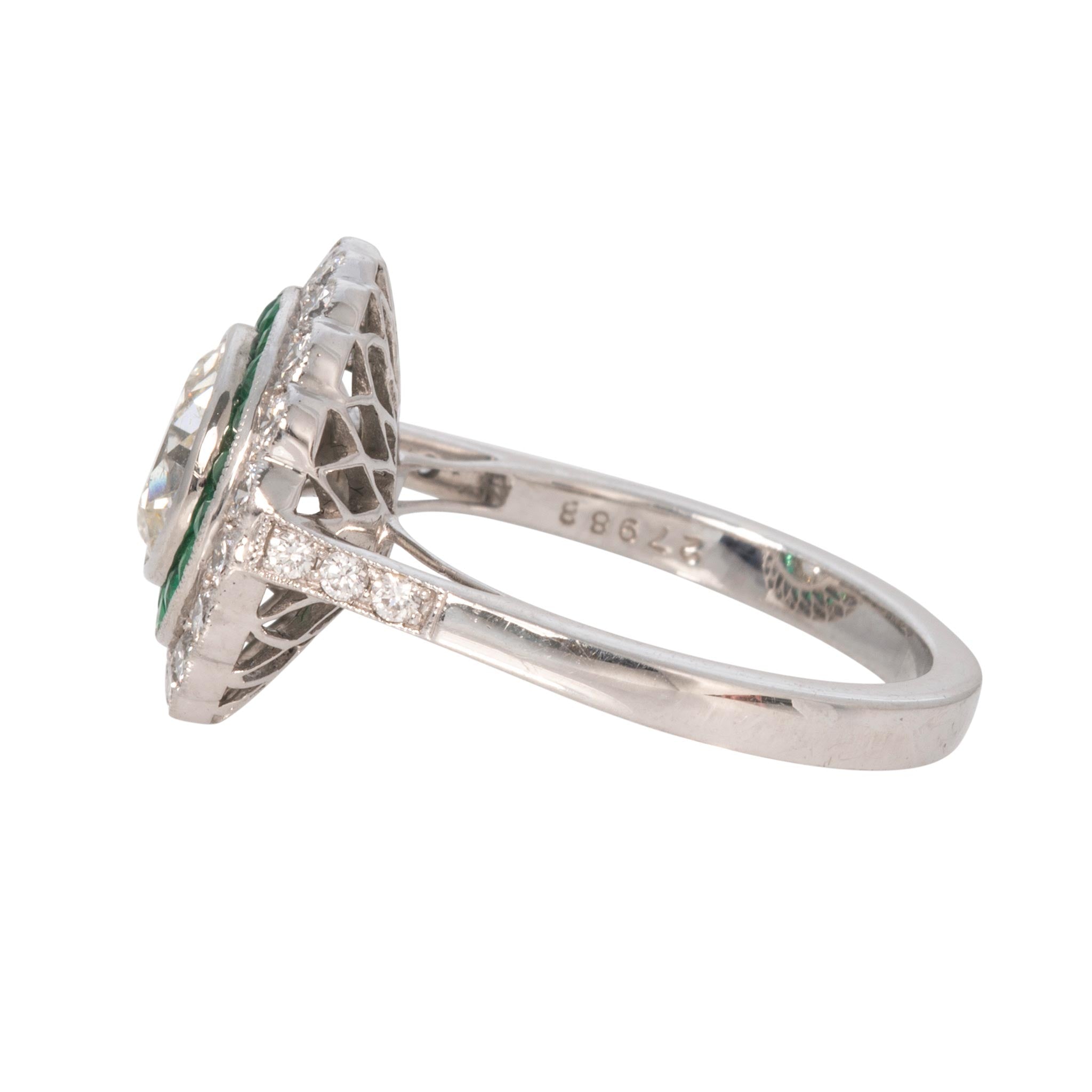 Art Deco Style 1.35ct Diamond Center & Emerald Halo Platinum Ring