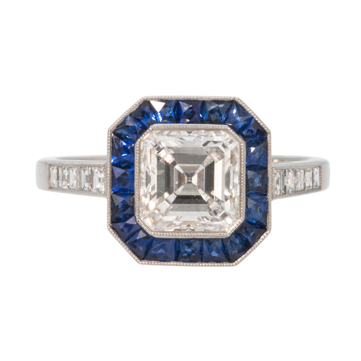Art Deco Style 1.70ct Asscher Diamond & Sapphire Platinum Ring