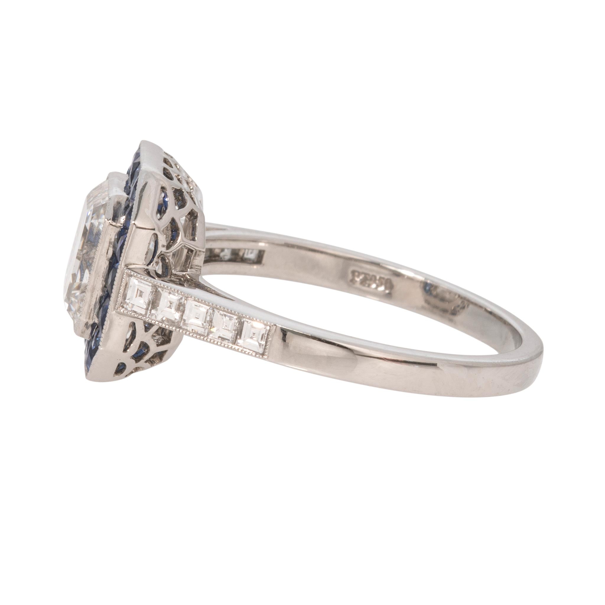 Art Deco Style 1.70ct Asscher Diamond & Sapphire Platinum Ring