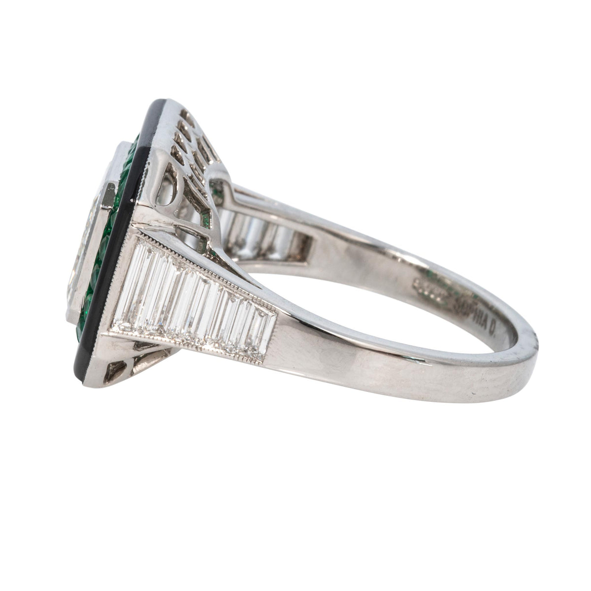 Art Deco Style 2.75ct Diamond Center, Emerald & Onyx Halo Platinum Ring