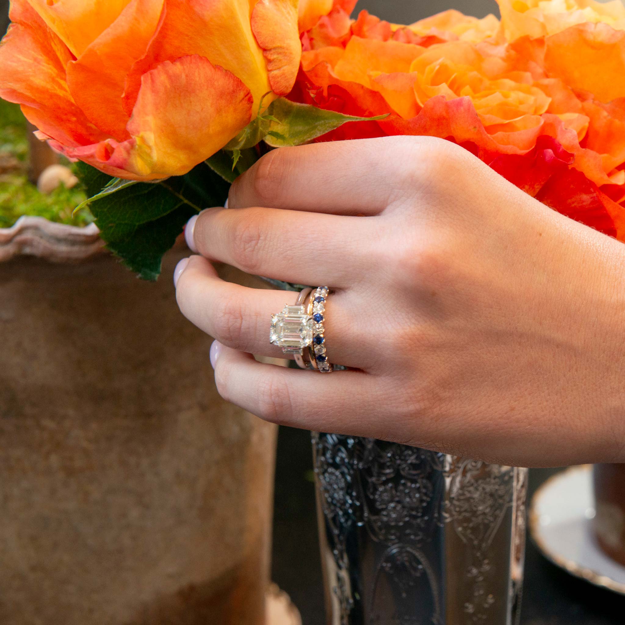 4ct Emerald-Cut & .51ct Trapezoid Side Diamond Three-Stone Platinum Ring