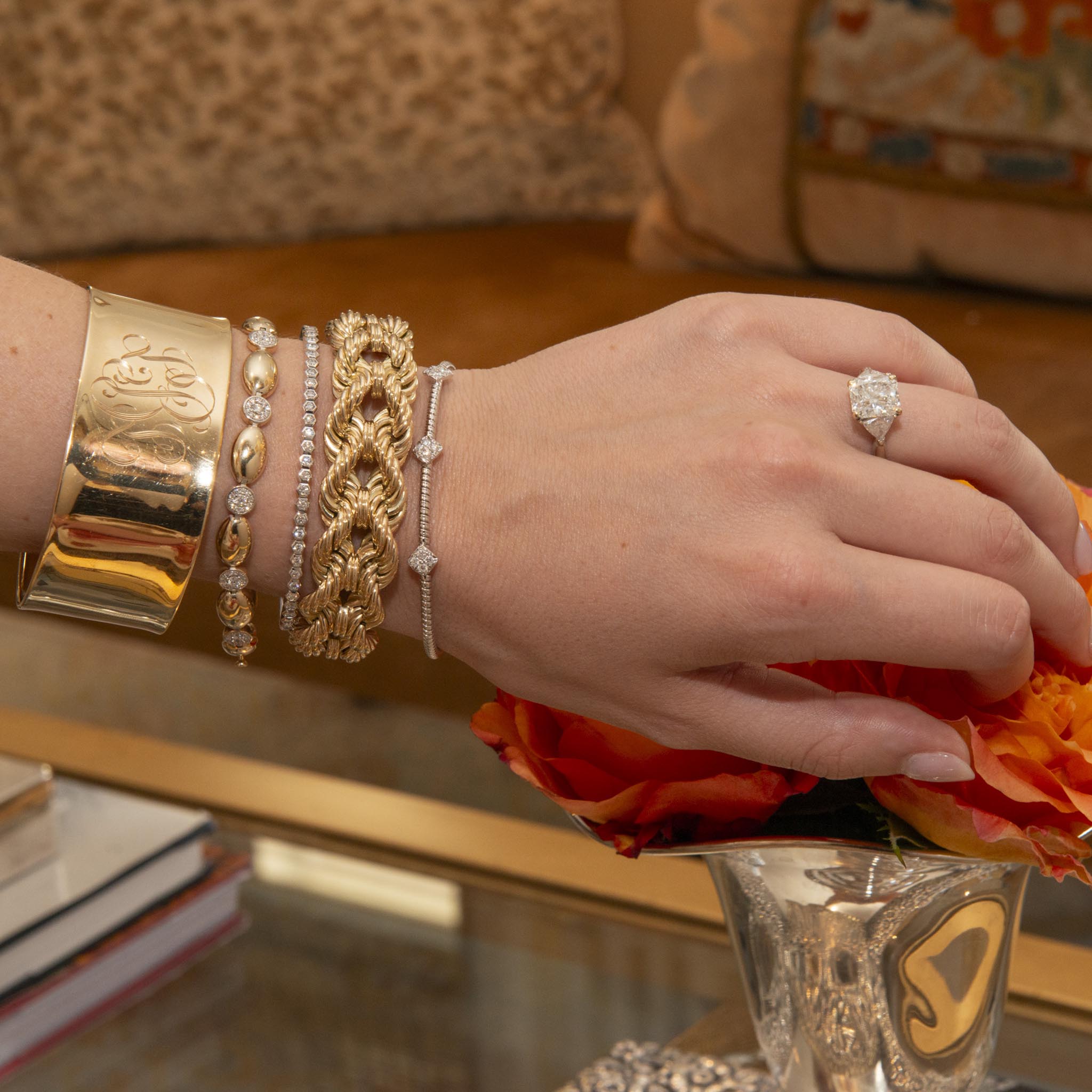 Estate 3.26ct Radiant Center & 1ctw Trillion Side Diamond 14K Gold Ring, Diamond 3-Station 18K White Gold Flexible Cuff Bangle, The Club Bracelet, Diamond Hexagon Bezel 14K White Gold Flexible Bangle, The Mary Pavé Diamond Station Line Bracelet, 14K Gold Extra Wide Cuff Bangle