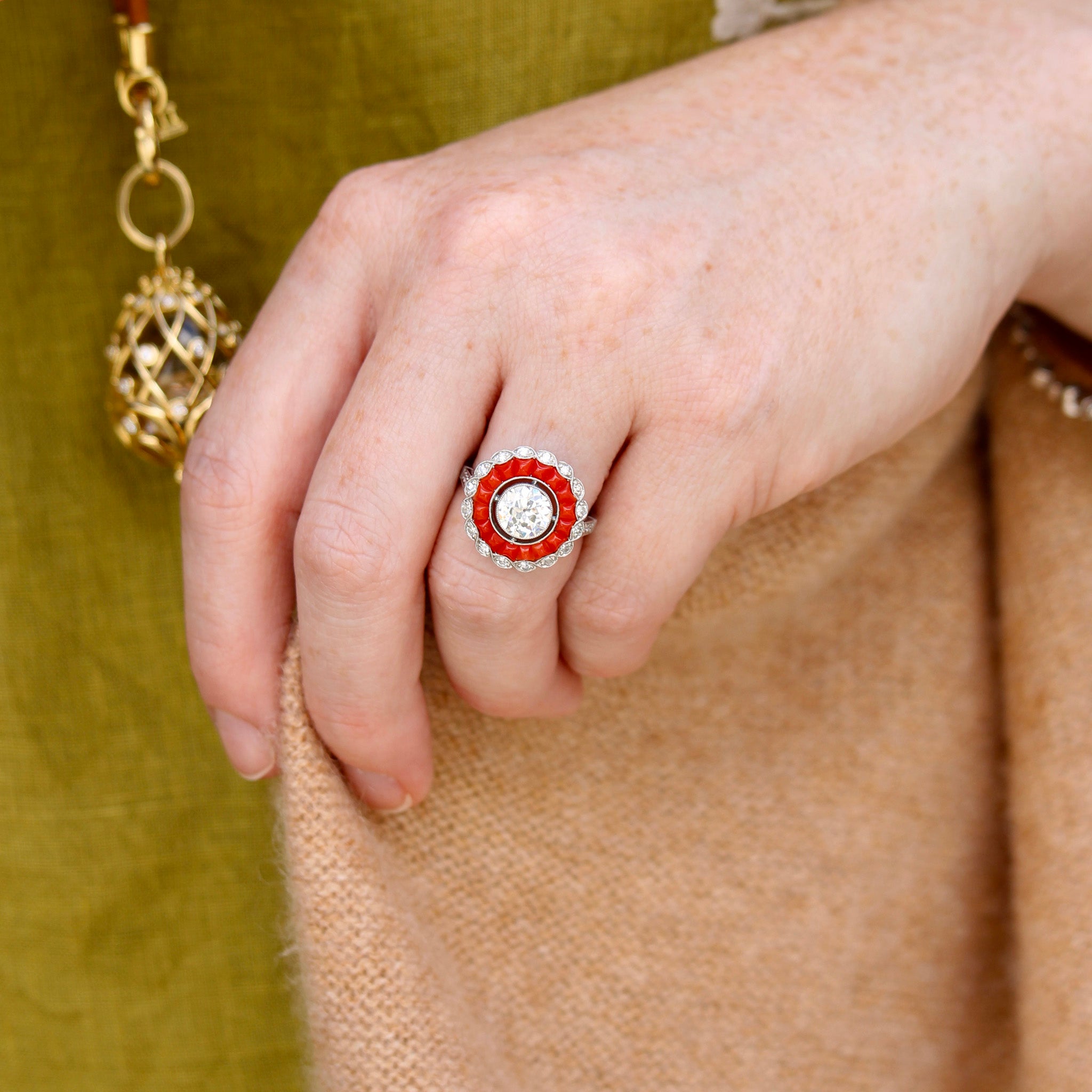Art Deco Style 1.35ct Diamond & Carnelian Platinum Ring
