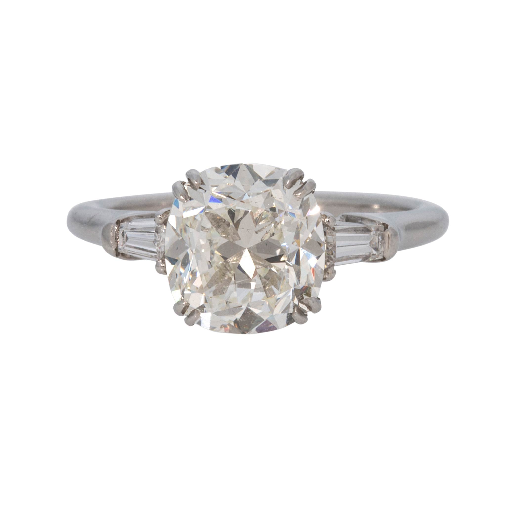 Estate 2.18ct Cushion Center & Side Baguette Diamond Three-Stone Platinum Ring