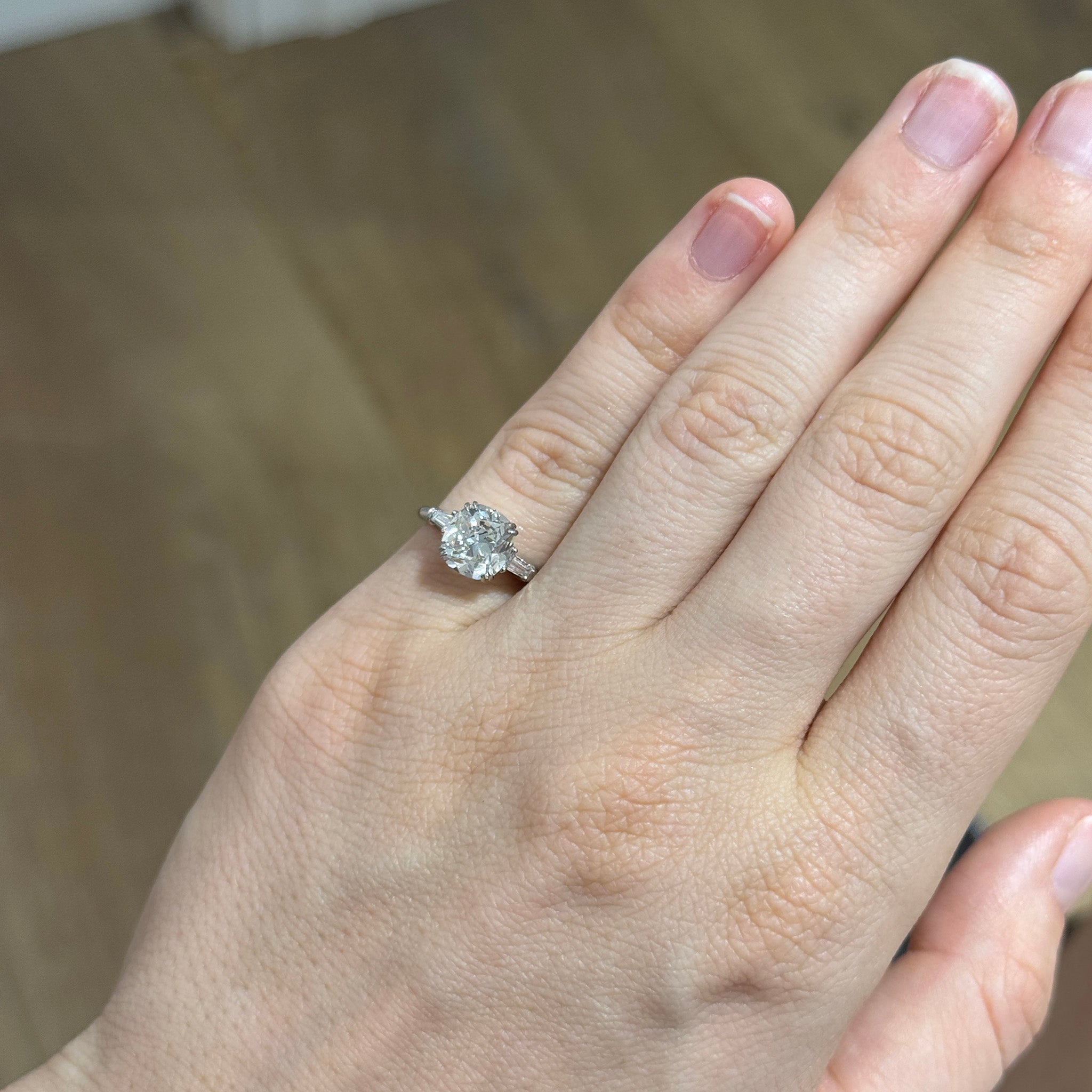 Estate 2.18ct Cushion Center & Side Baguette Diamond Three-Stone Platinum Ring