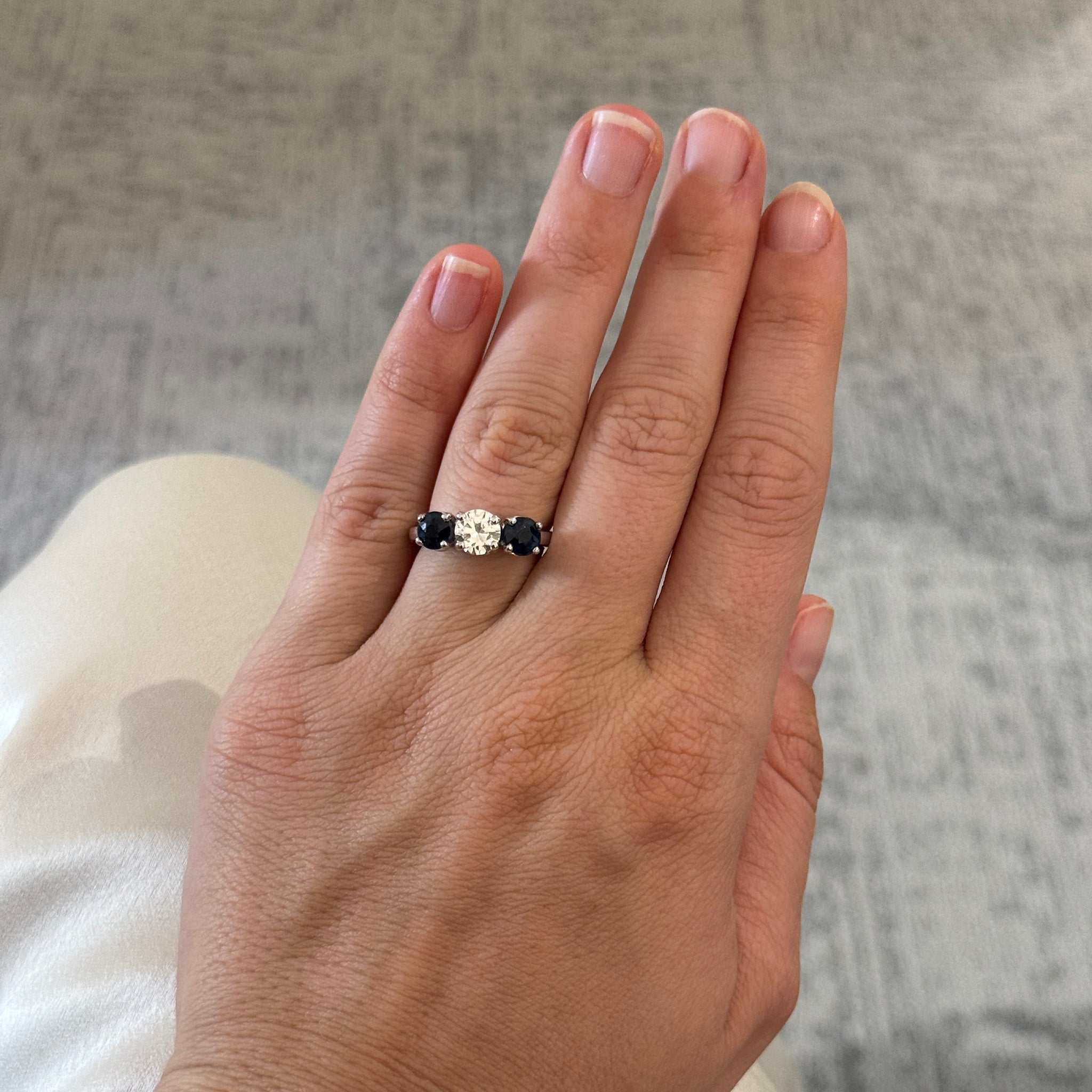 Estate .78ct Diamond & 1.77ctw Sapphire Three-Stone Platinum Ring