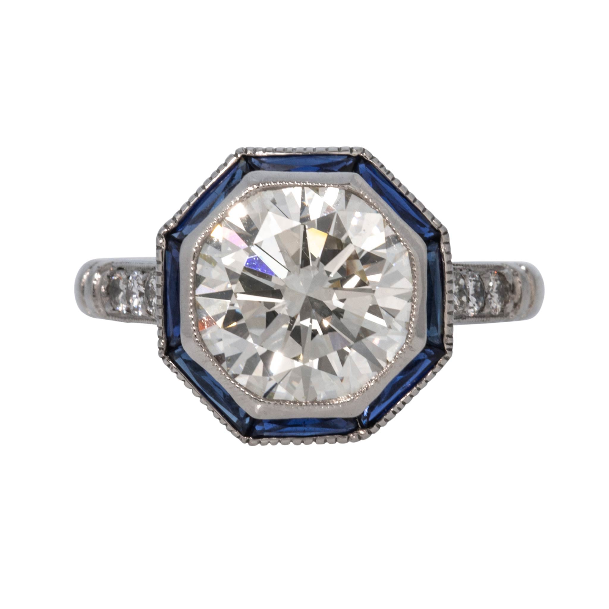 Art Deco Style 3ct Diamond & Sapphire Halo Platinum Ring