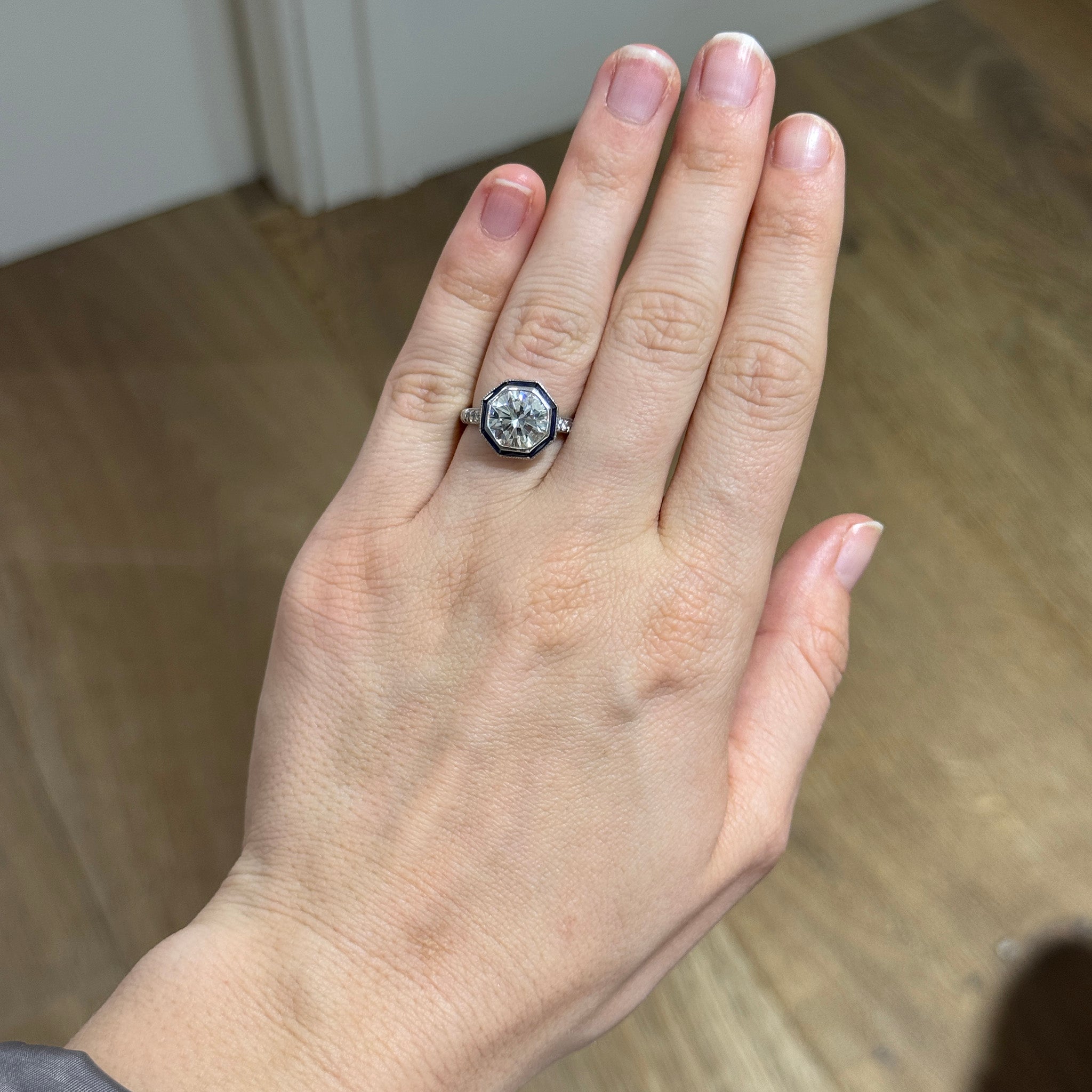 Art Deco Style 3ct Diamond & Sapphire Halo Platinum Ring