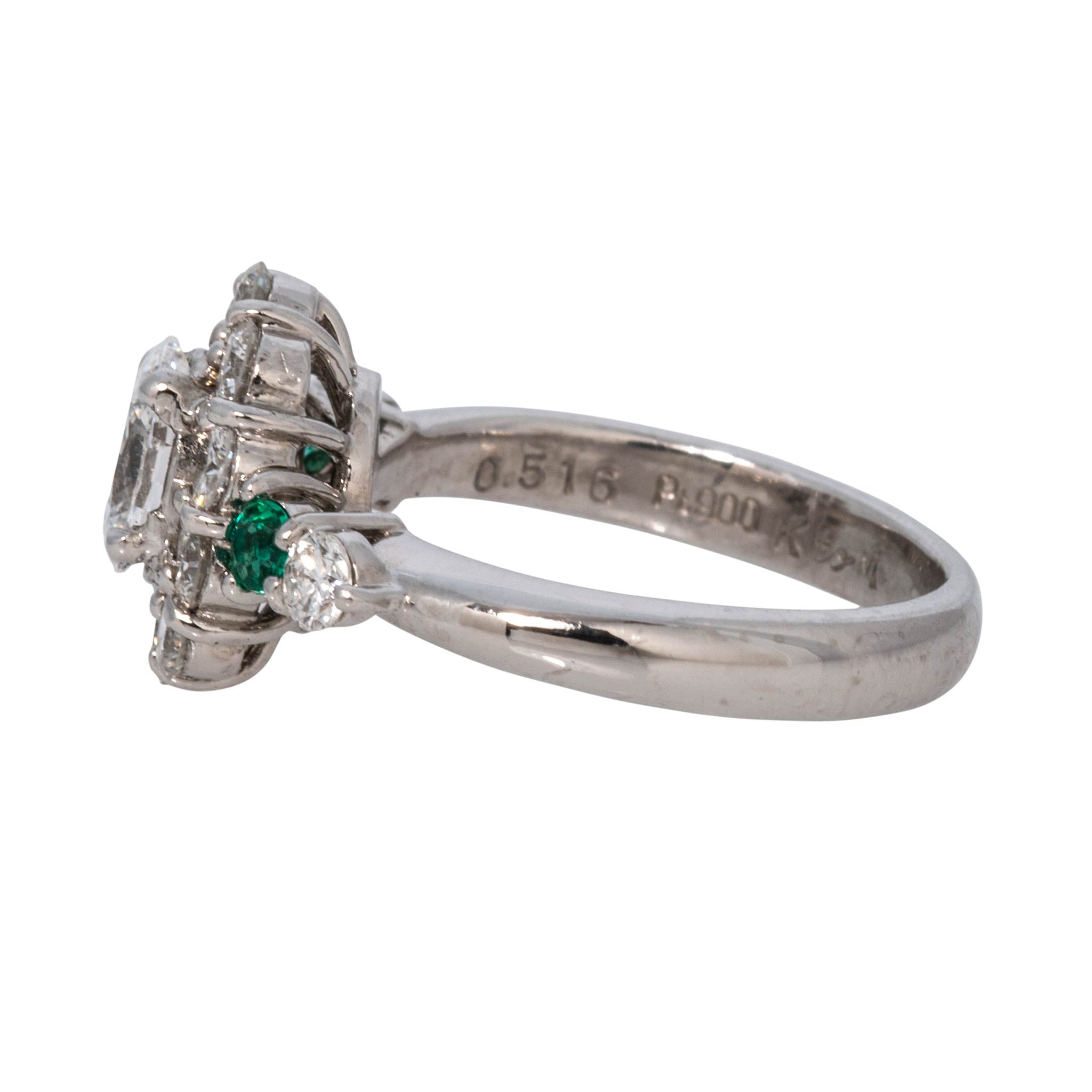 Estate Oval Diamond Cluster & Emerald Platinum Ring