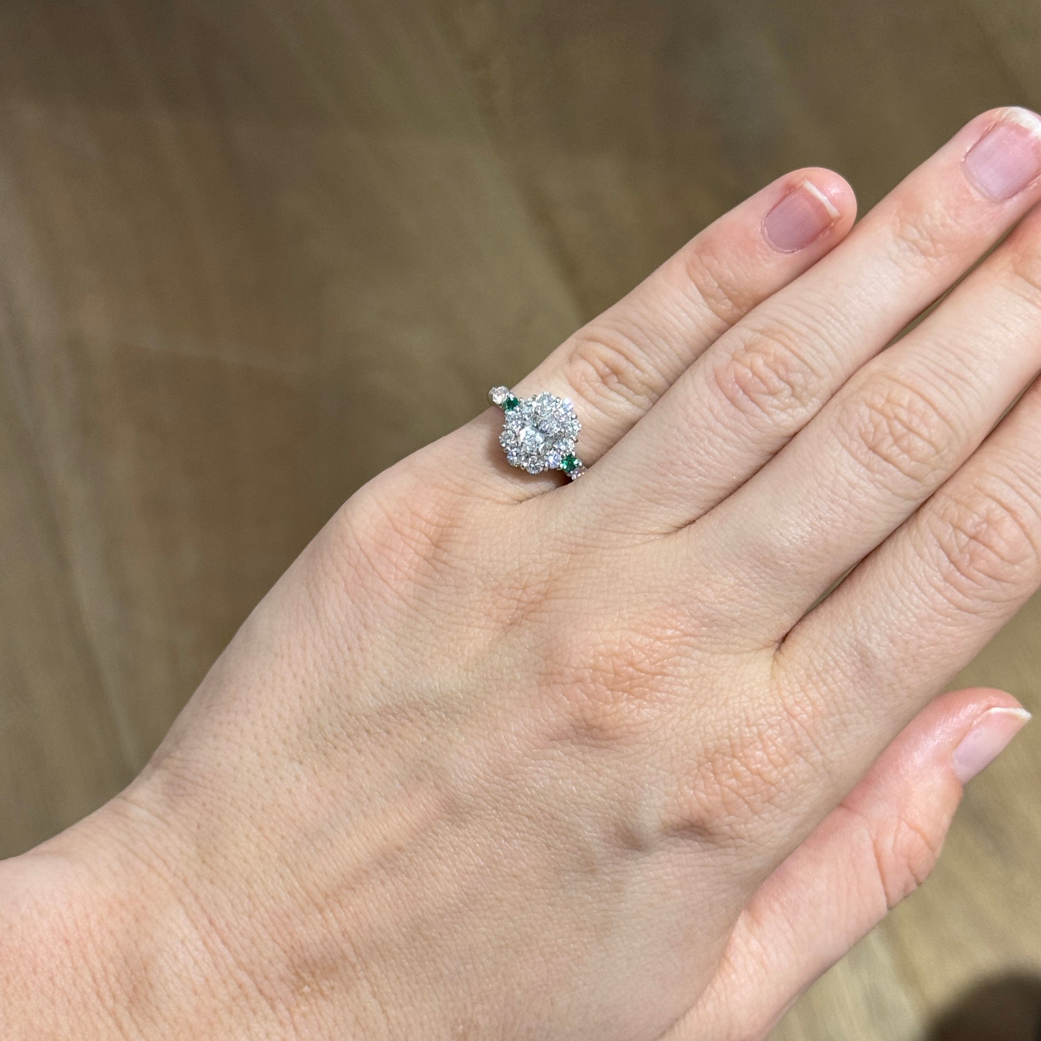 Estate Oval Diamond Cluster & Emerald Platinum Ring