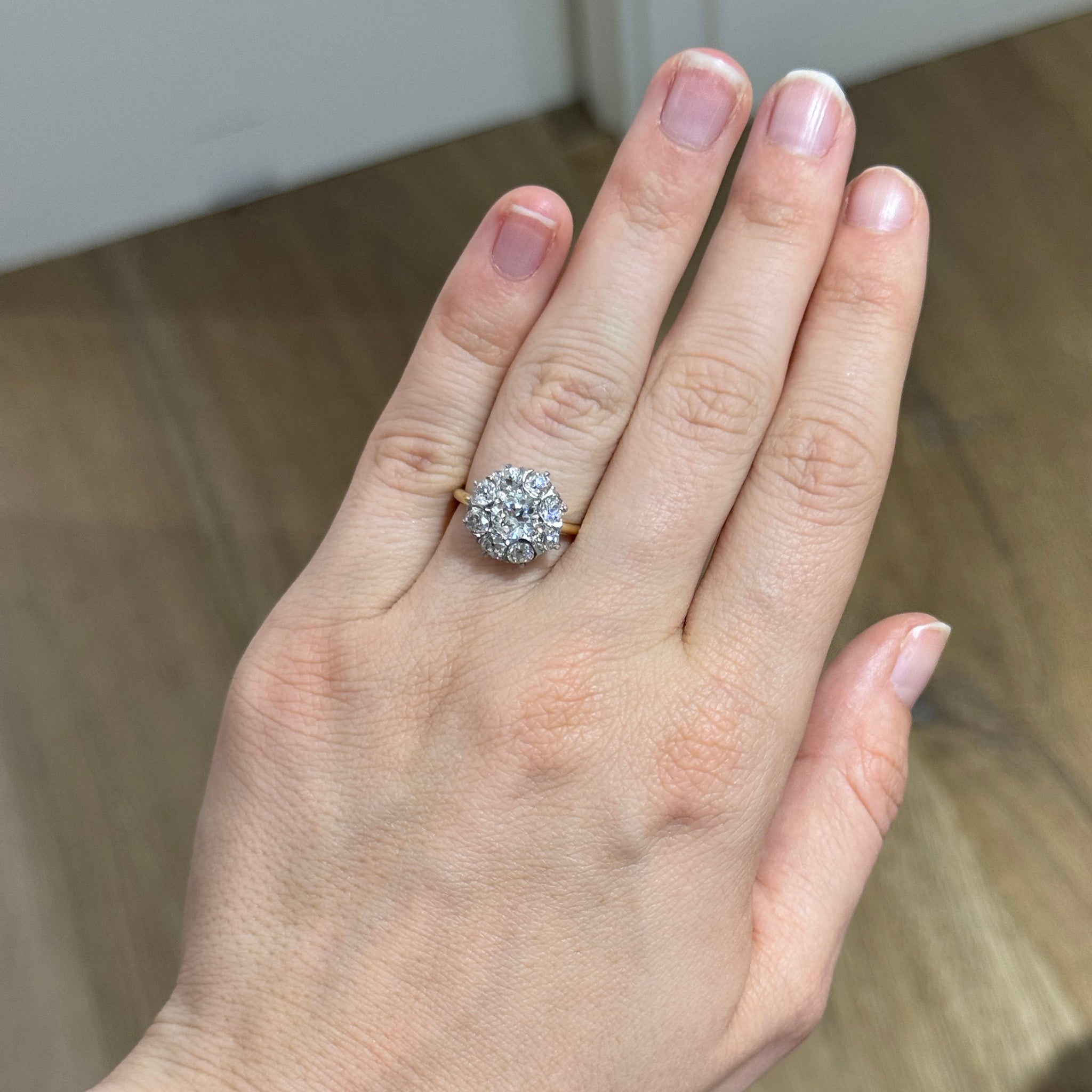 Victorian-Style Old European Cut Diamond Cluster 14K Gold Ring