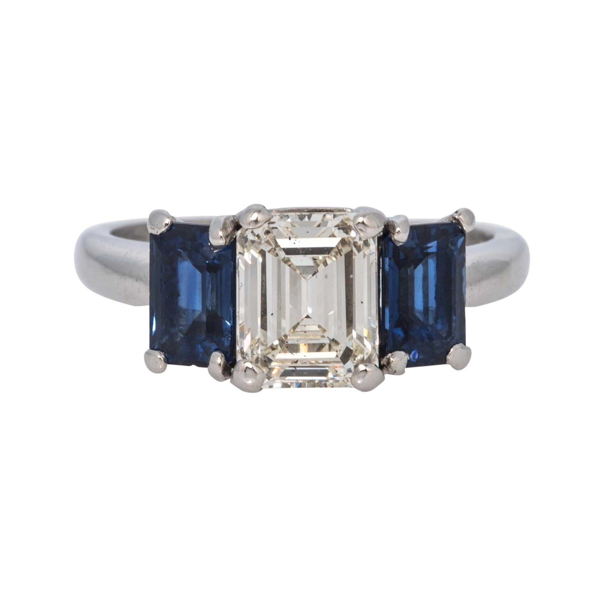Estate Emerald-Cut Diamond & Sapphire Three-Stone Platinum Ring