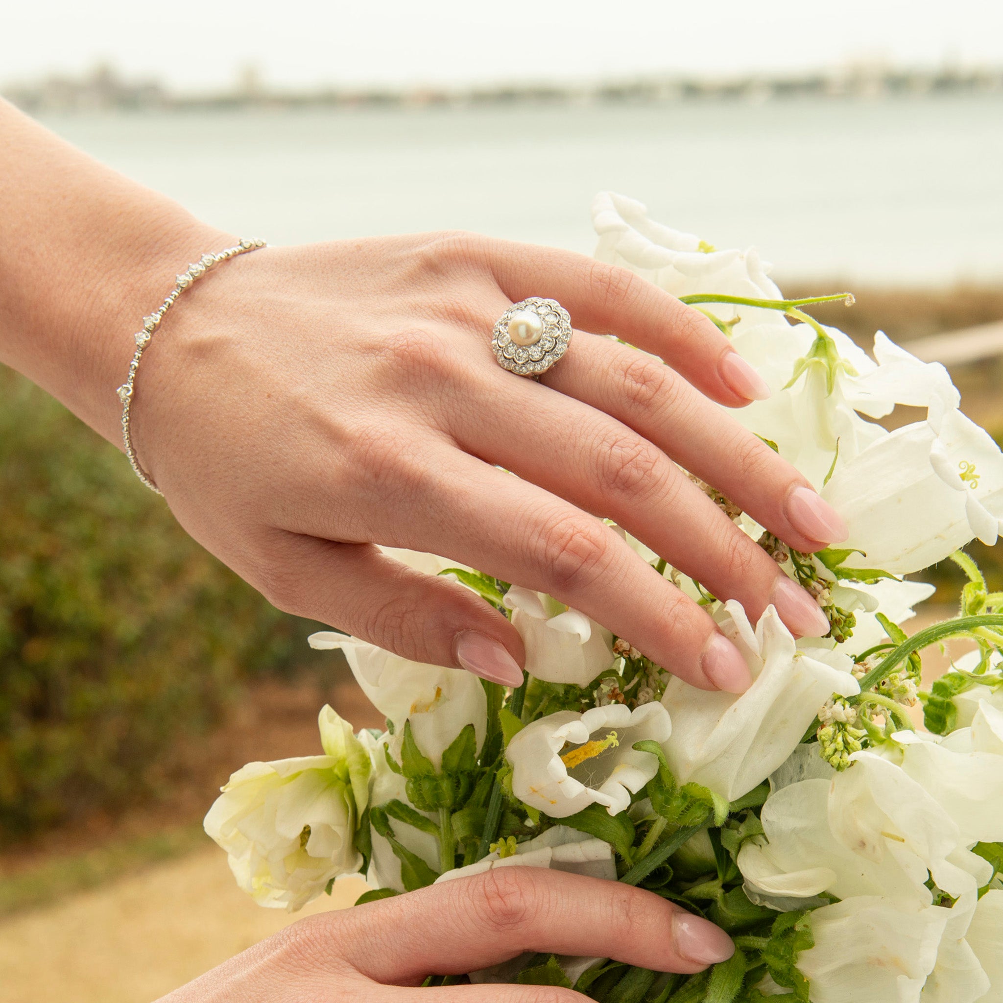 Art Deco Style Pearl & Diamond Cluster Platinum Ring, Diamond Prong-Set Multi-Station 14K White Gold Flex Bangle