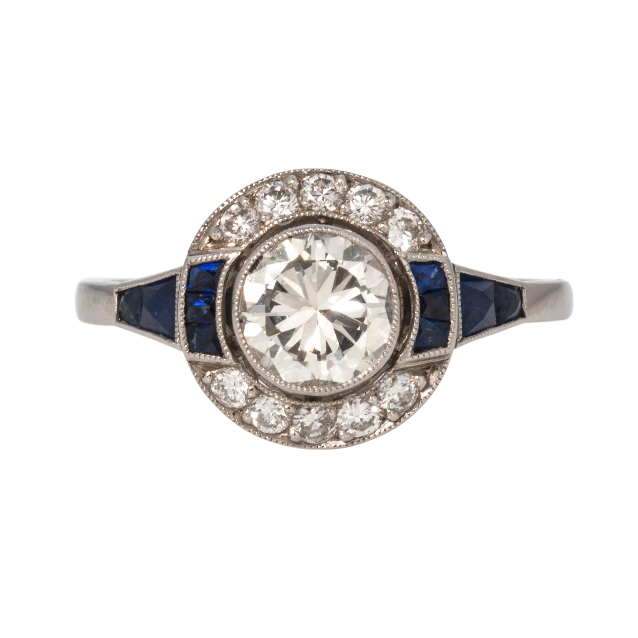 Art Deco Style Diamond & Sapphire Halo Platinum Ring