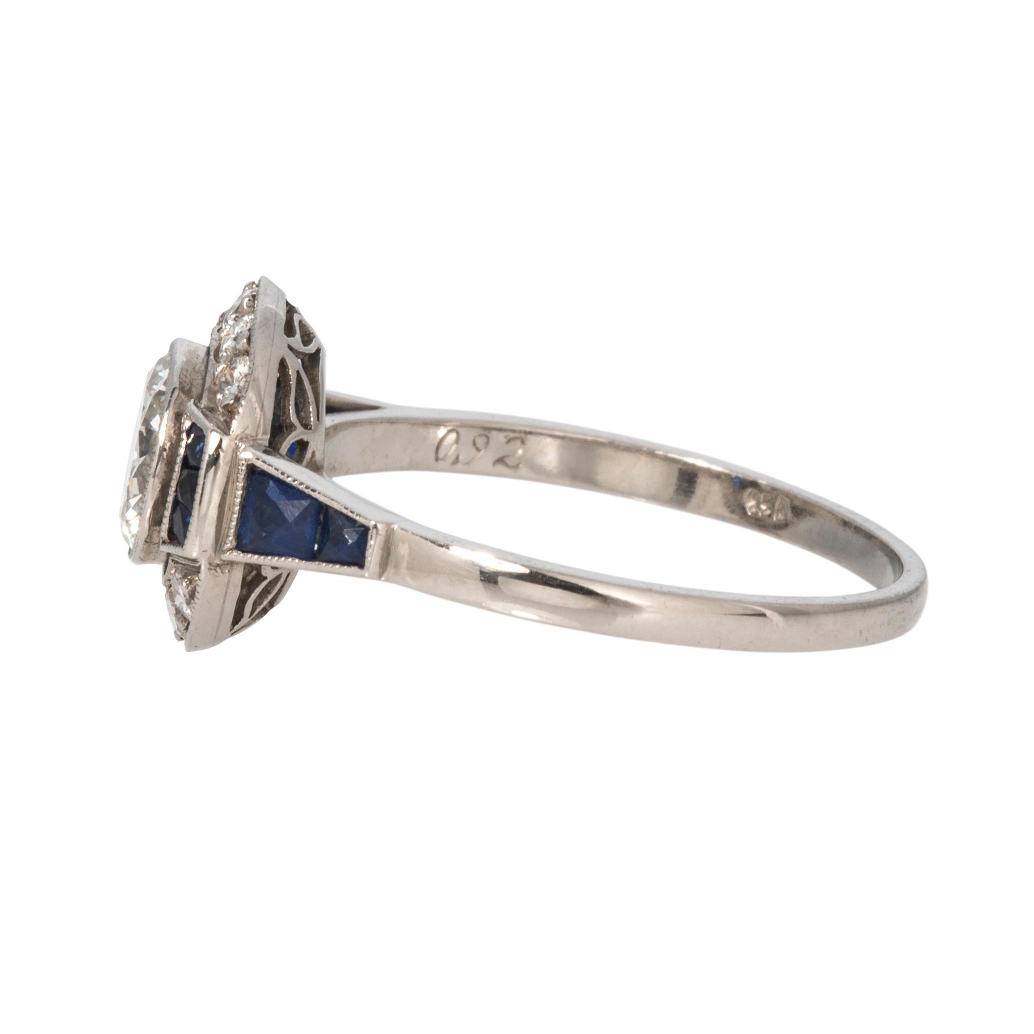Art Deco Style Diamond & Sapphire Halo Platinum Ring