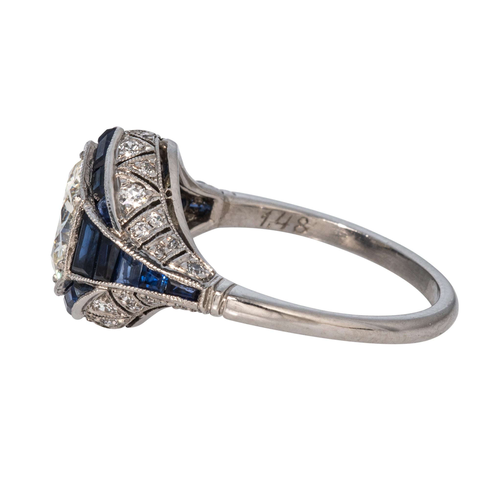 Art Deco Style 1.48ct Diamond Center & Sapphire Platinum Ring
