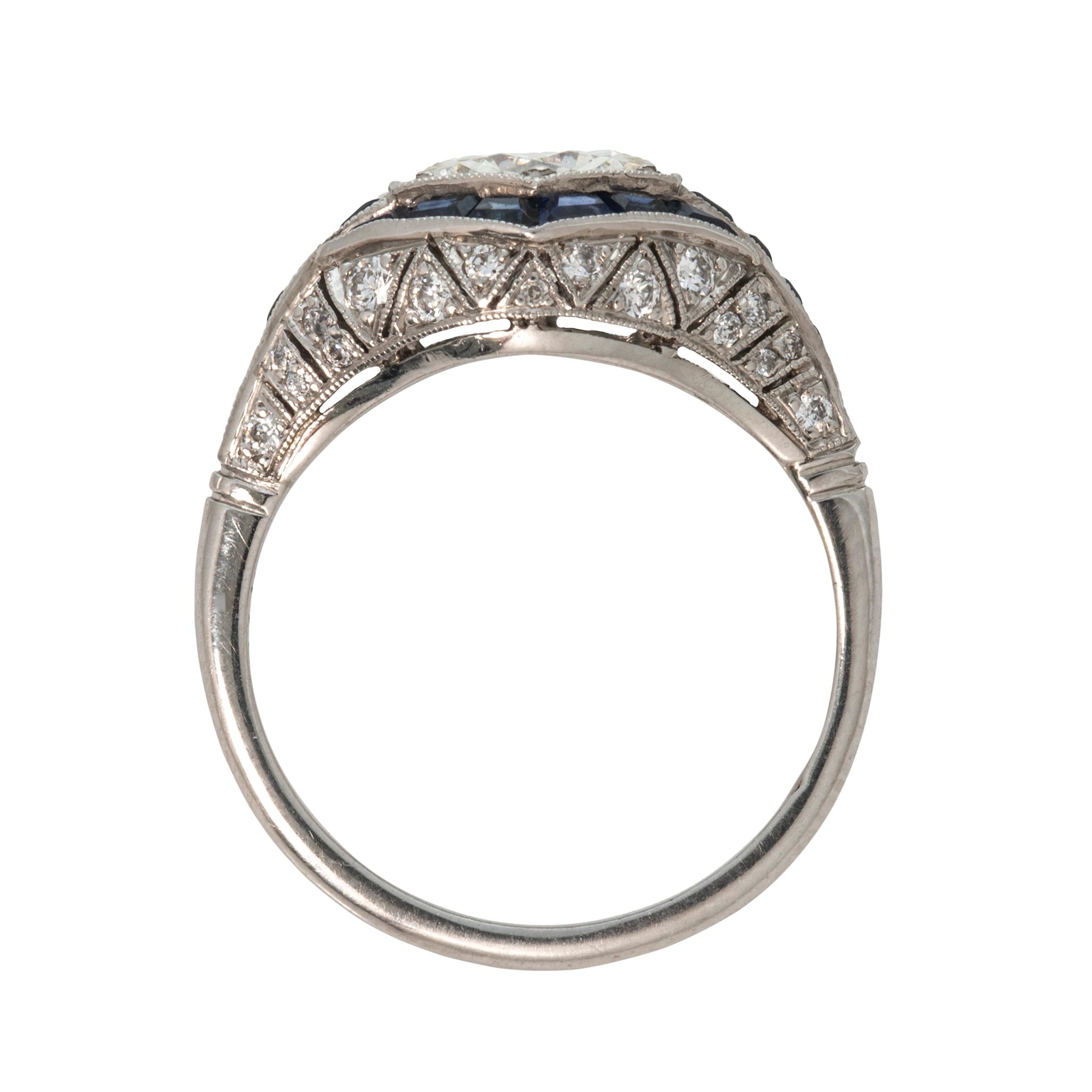 Art Deco Style 1.48ct Diamond Center & Sapphire Platinum Ring