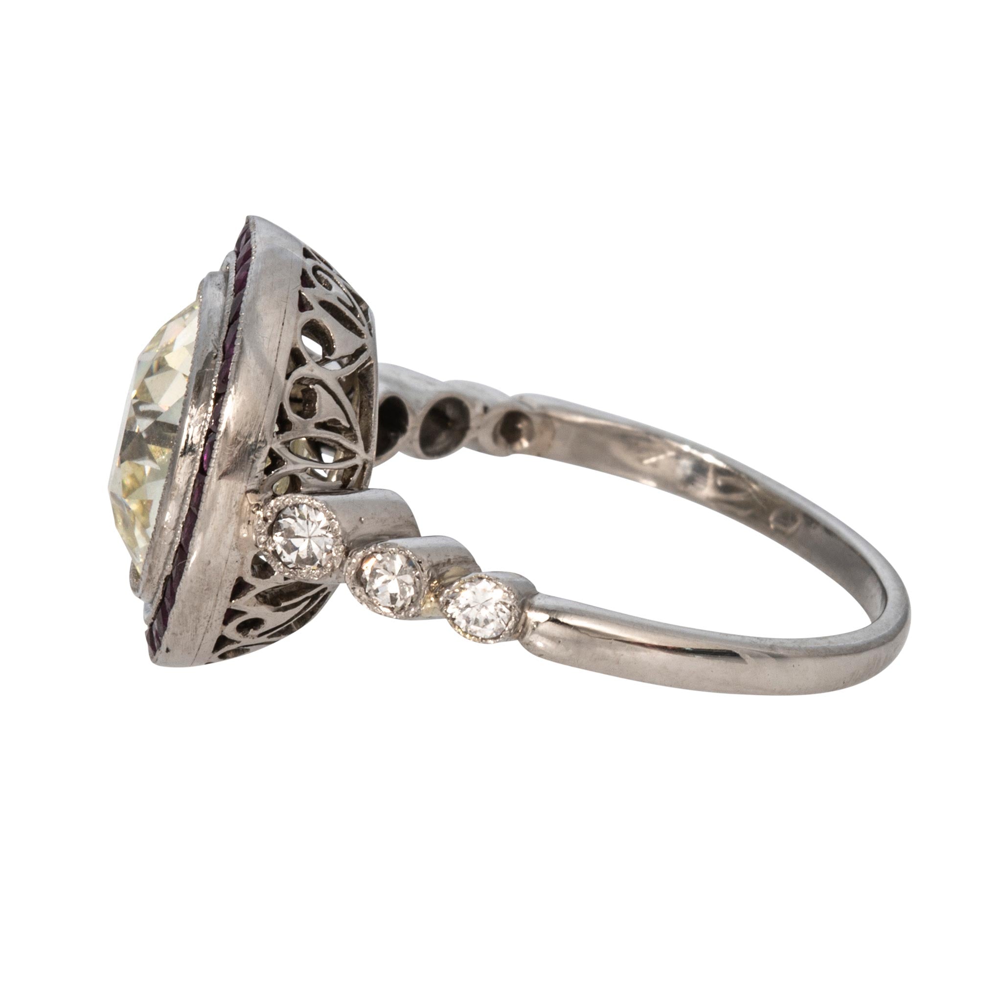 Art Deco Style 3.20ct Diamond Center & Ruby Halo Platinum Ring