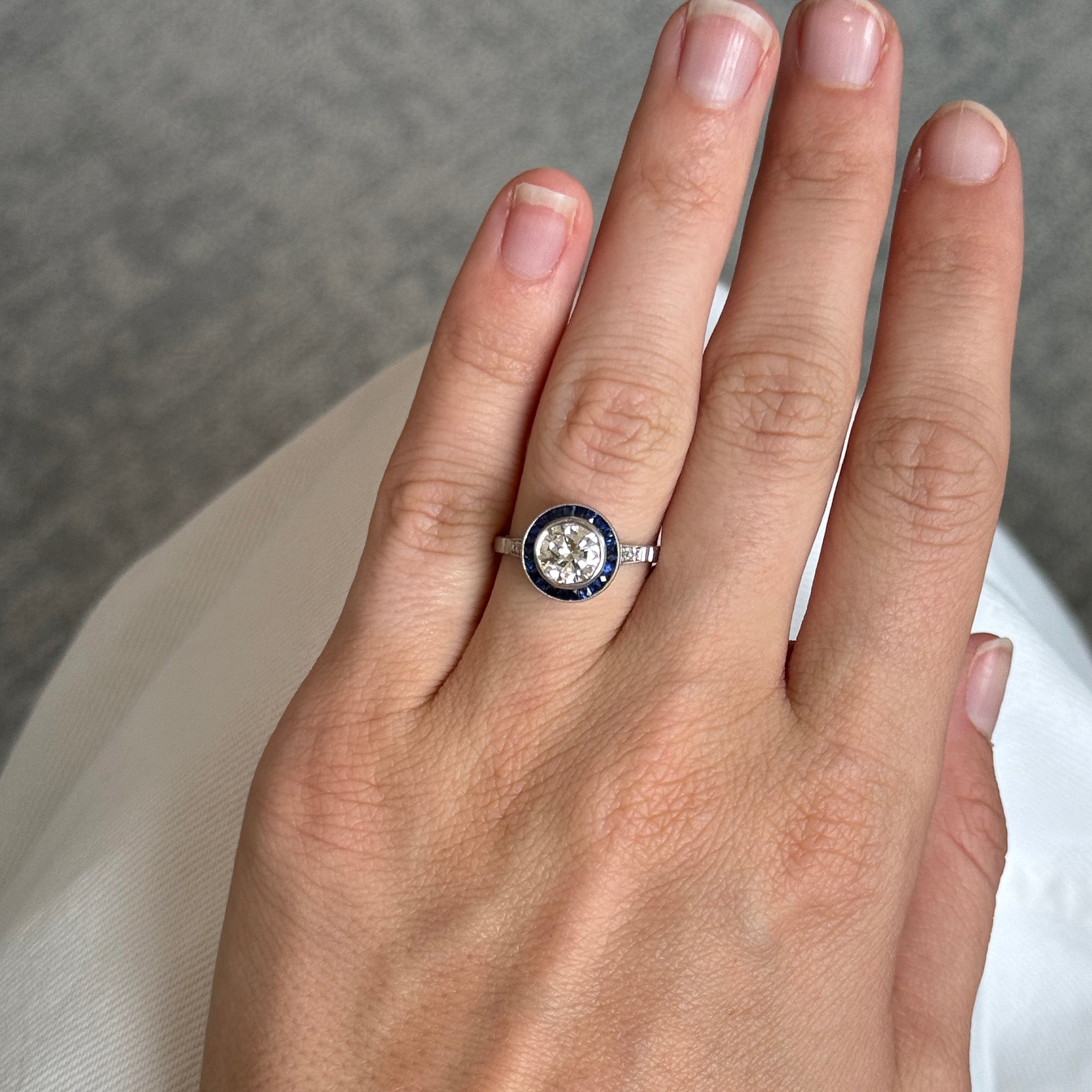 Art Deco Style 1.40ct Diamond & Sapphire Platinum Ring