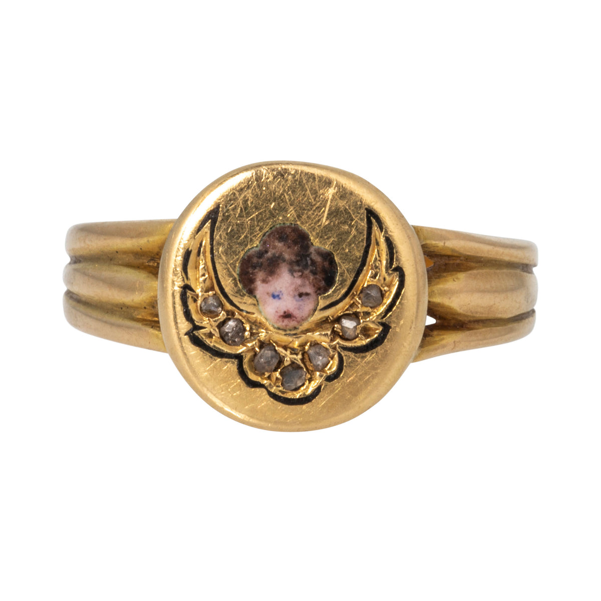 Victorian Style Enamel Cherub & Diamond 14K Gold Ring