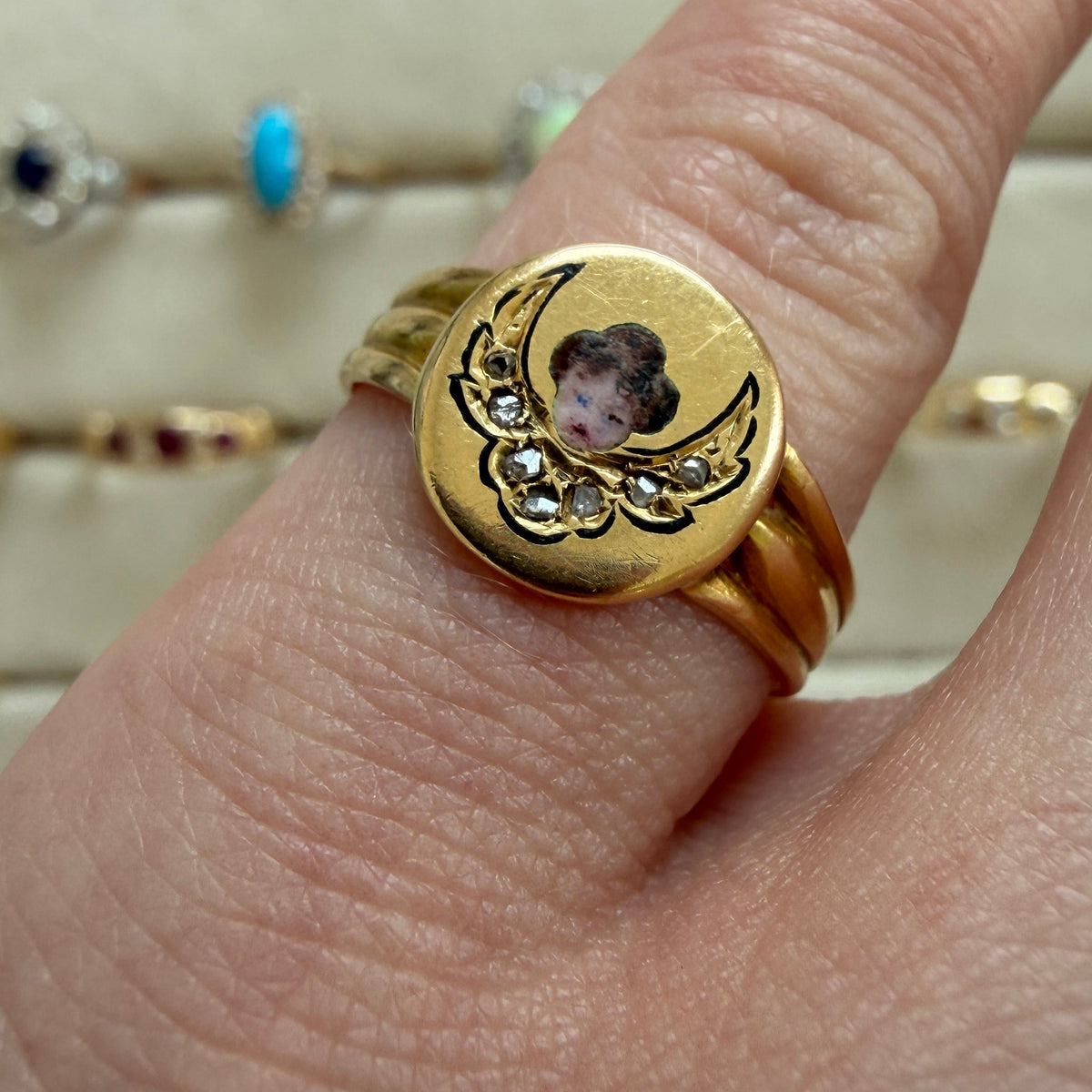 Victorian Style Enamel Cherub & Diamond 14K Gold Ring
