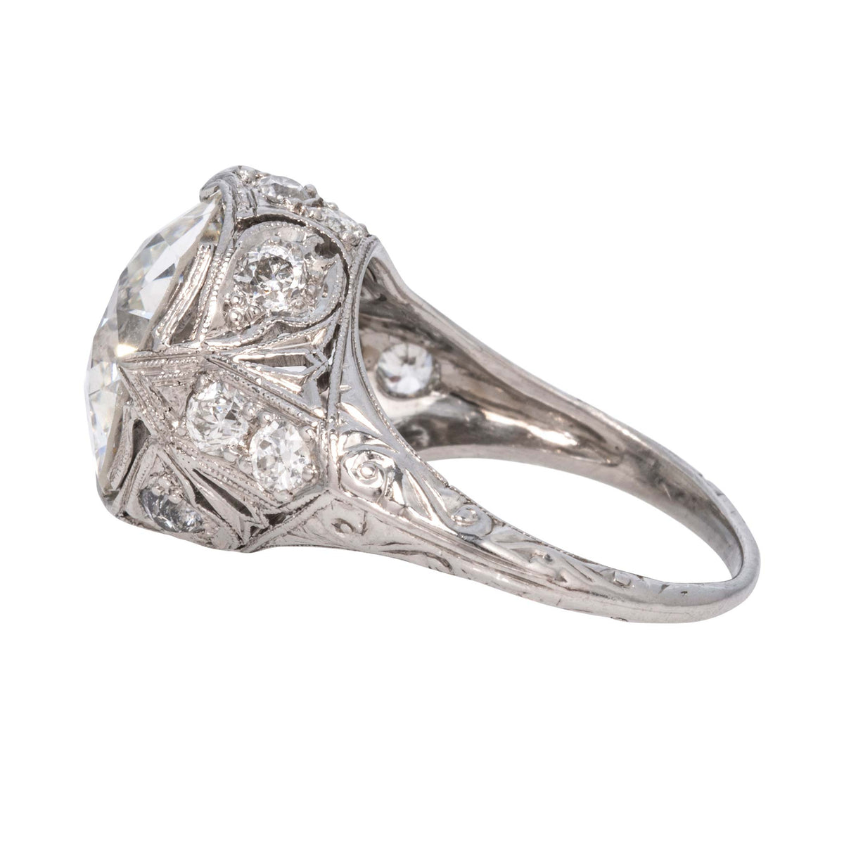 Art Deco Style 7.47ct Old Mine Cut Diamond Center Platinum Ring