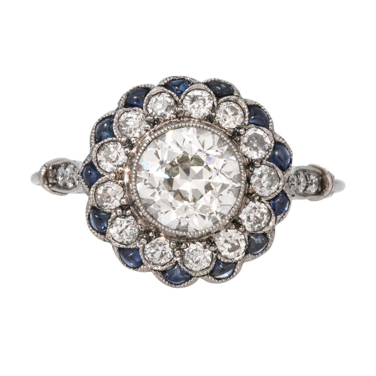 Art Deco Style 1.6ct Old European Diamond Center & Sapphire Platinum Ring