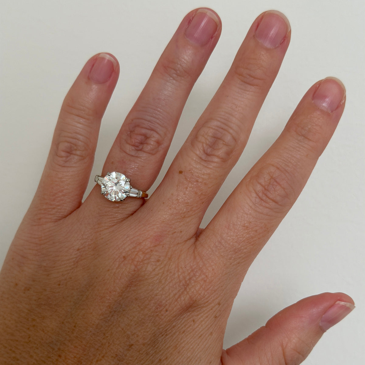 Estate 3ct Round Brilliant Center & Baguette Side Diamond Three-Stone Ring