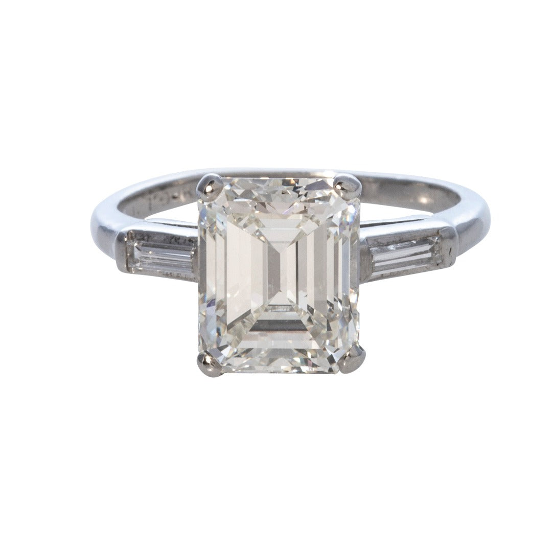 Estate 3ct Emerald Cut Diamond Three Stone Platinum Ring