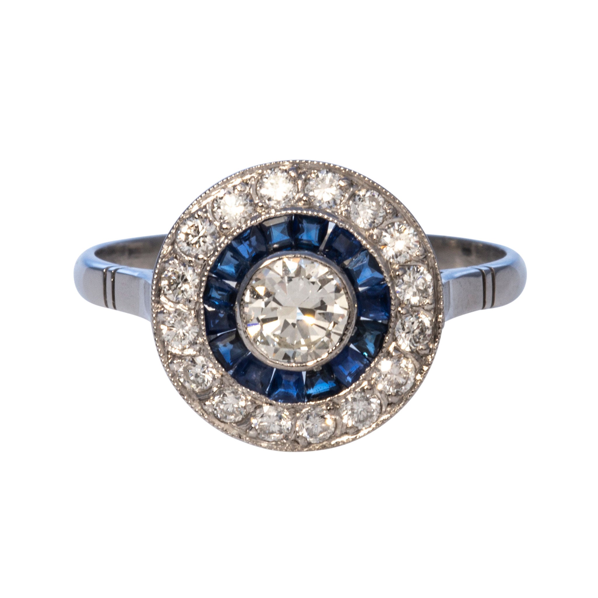 Art Deco Diamond & Sapphire Double Halo Platinum Ring