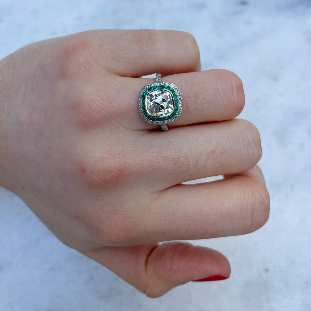 Art Deco 3ct Old Mine Cut Diamond & Emerald Platinum Ring