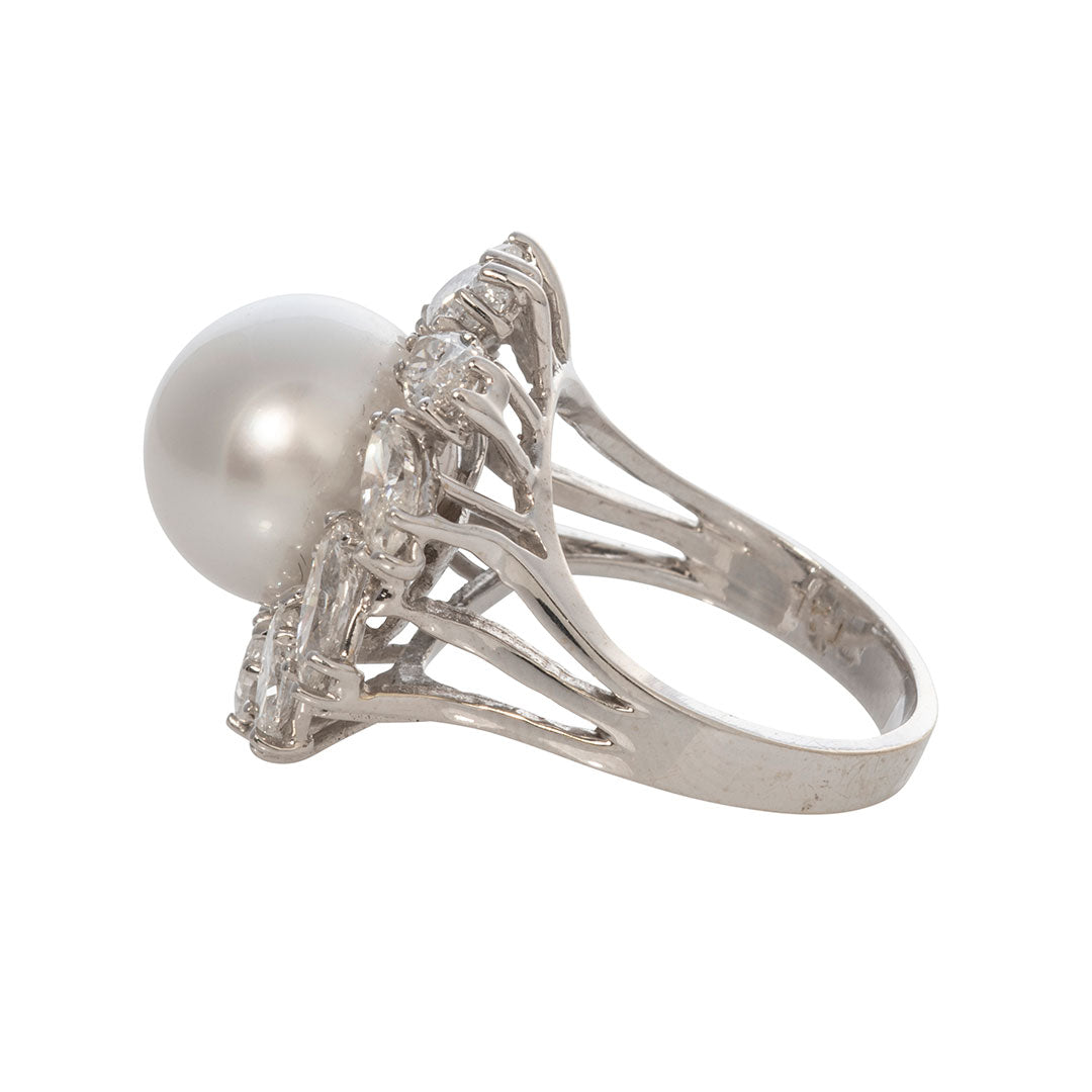 Estate South Sea Pearl & Marquise Diamond 18K Gold Ring