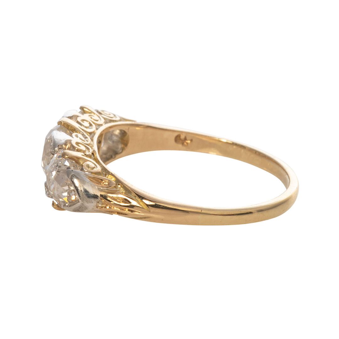 Victorian Old Mine Cut Diamond Three Stone 18K Gold Ring
