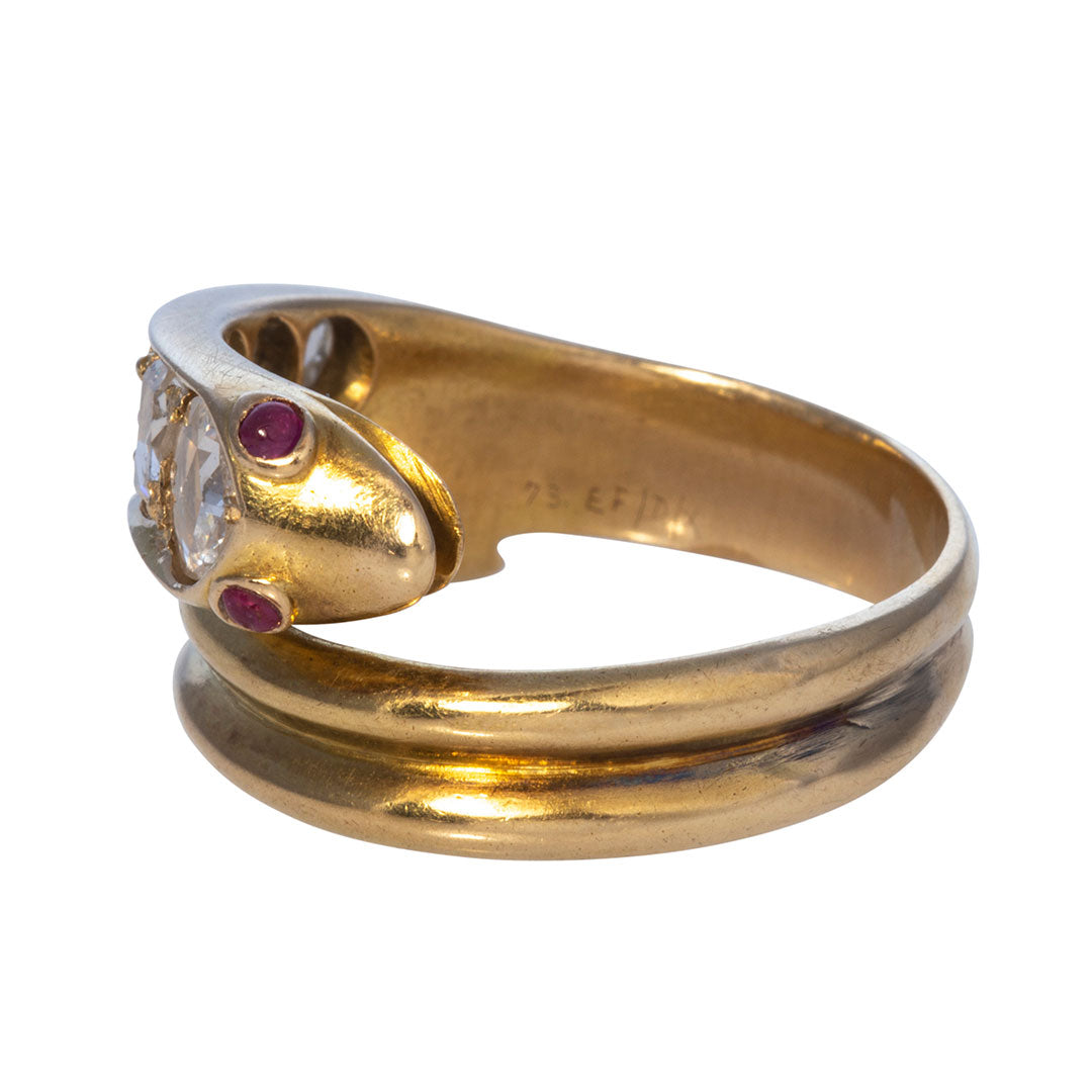 Victorian Rose Cut Diamond & Ruby 14K Gold Snake Ring