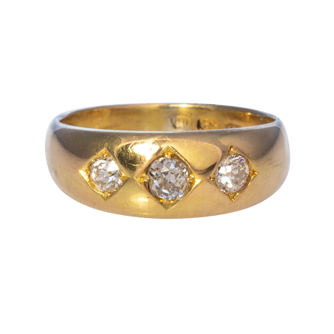 Victorian Diamond Three Stone 18K Gold Gypsy Ring
