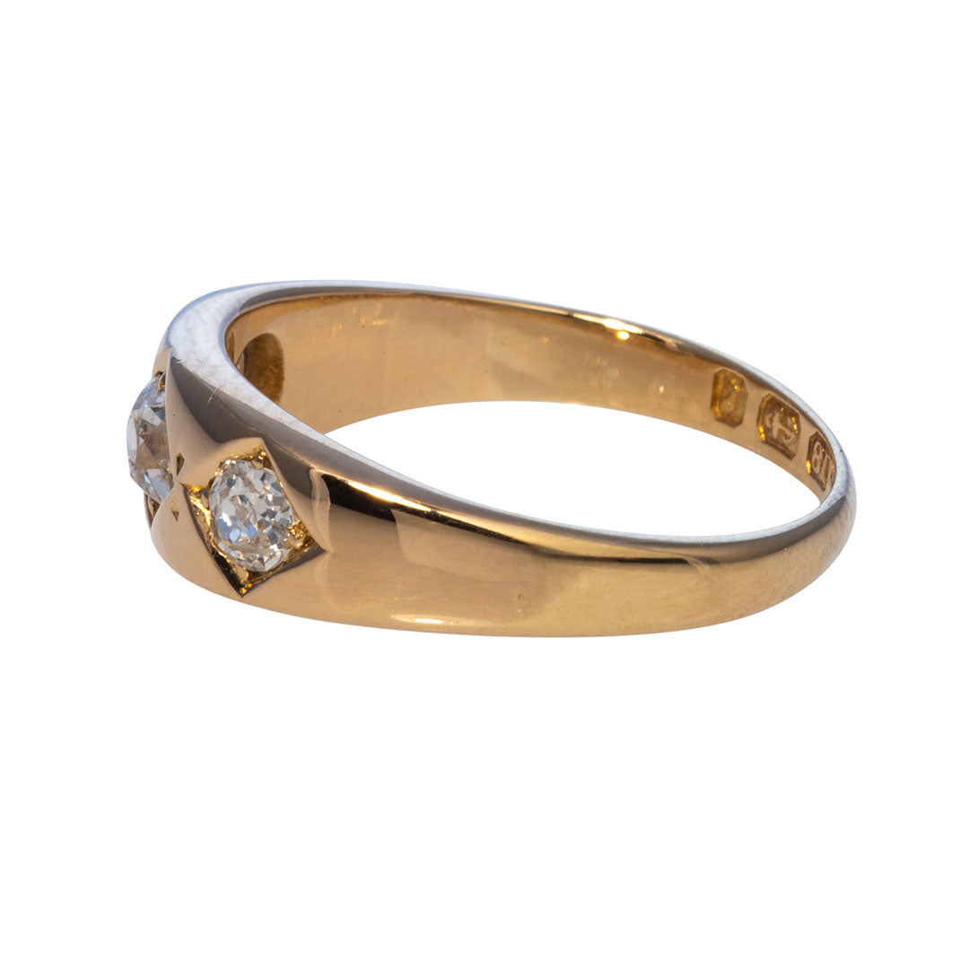 Victorian Old Mine Cut Diamond Three Stone 18K Gold Gypsy Ring