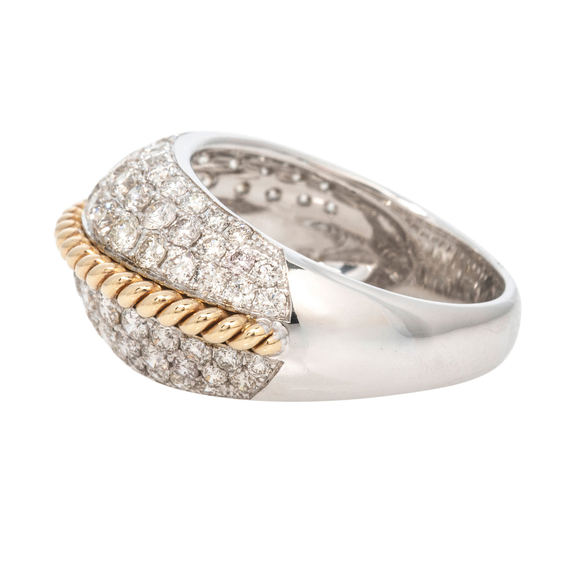 Side view of 2.23ctw Diamond Pavé 14K Gold Rope Twist Dome Ring on a white background.