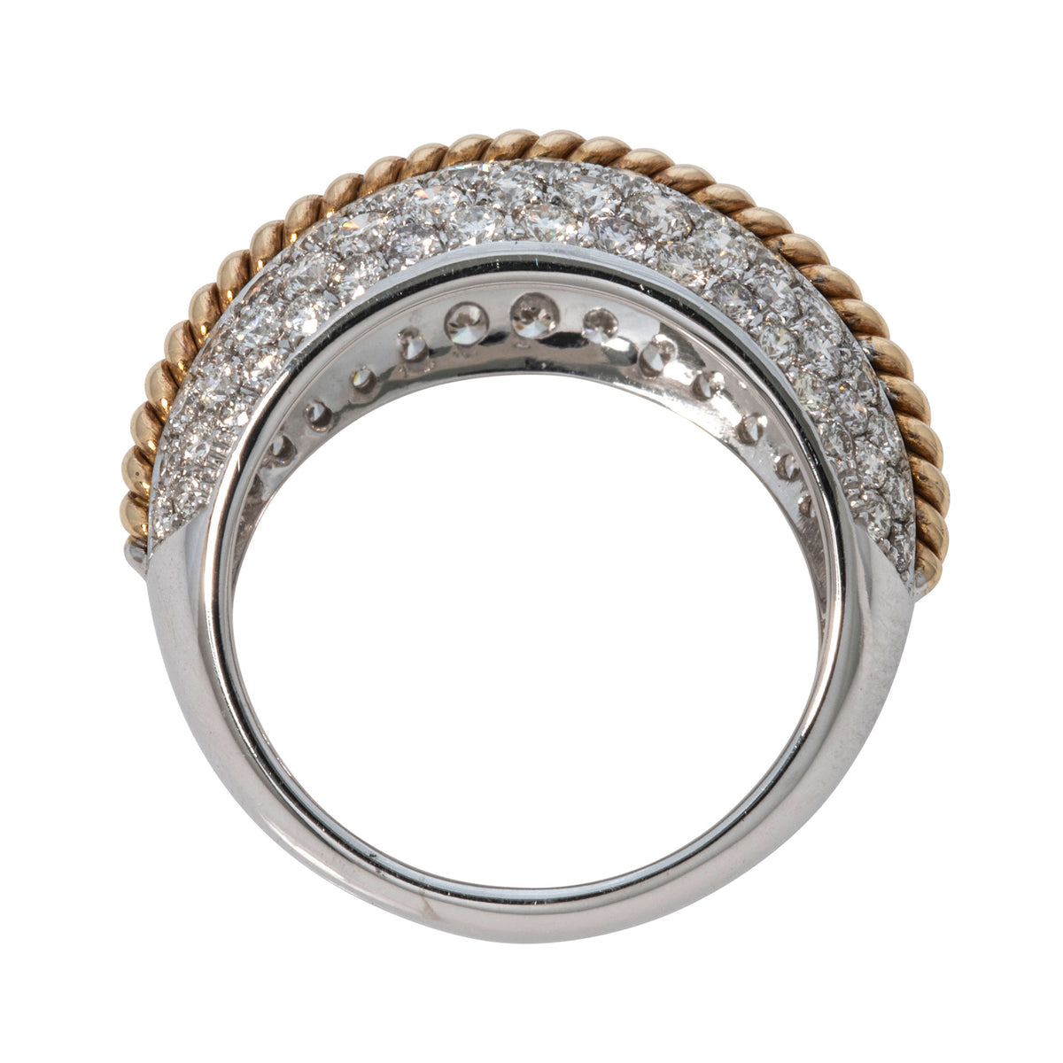 Top view of 2.23ctw Diamond Pavé 14K Gold Rope Twist Dome Ring a white background.