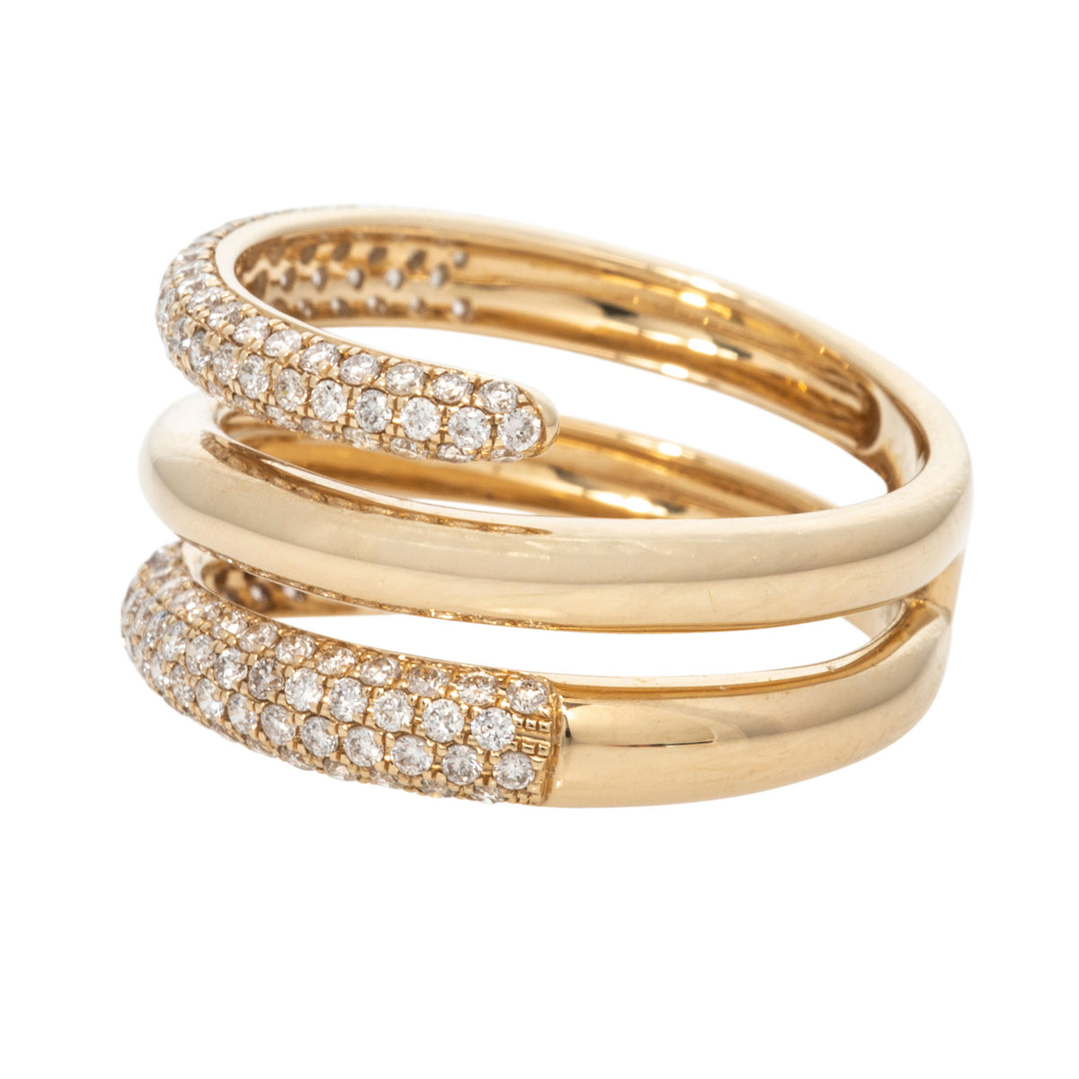 Side view of yellow gold bypass ring showing curved pavé diamond ends and an open three-row wrap design.