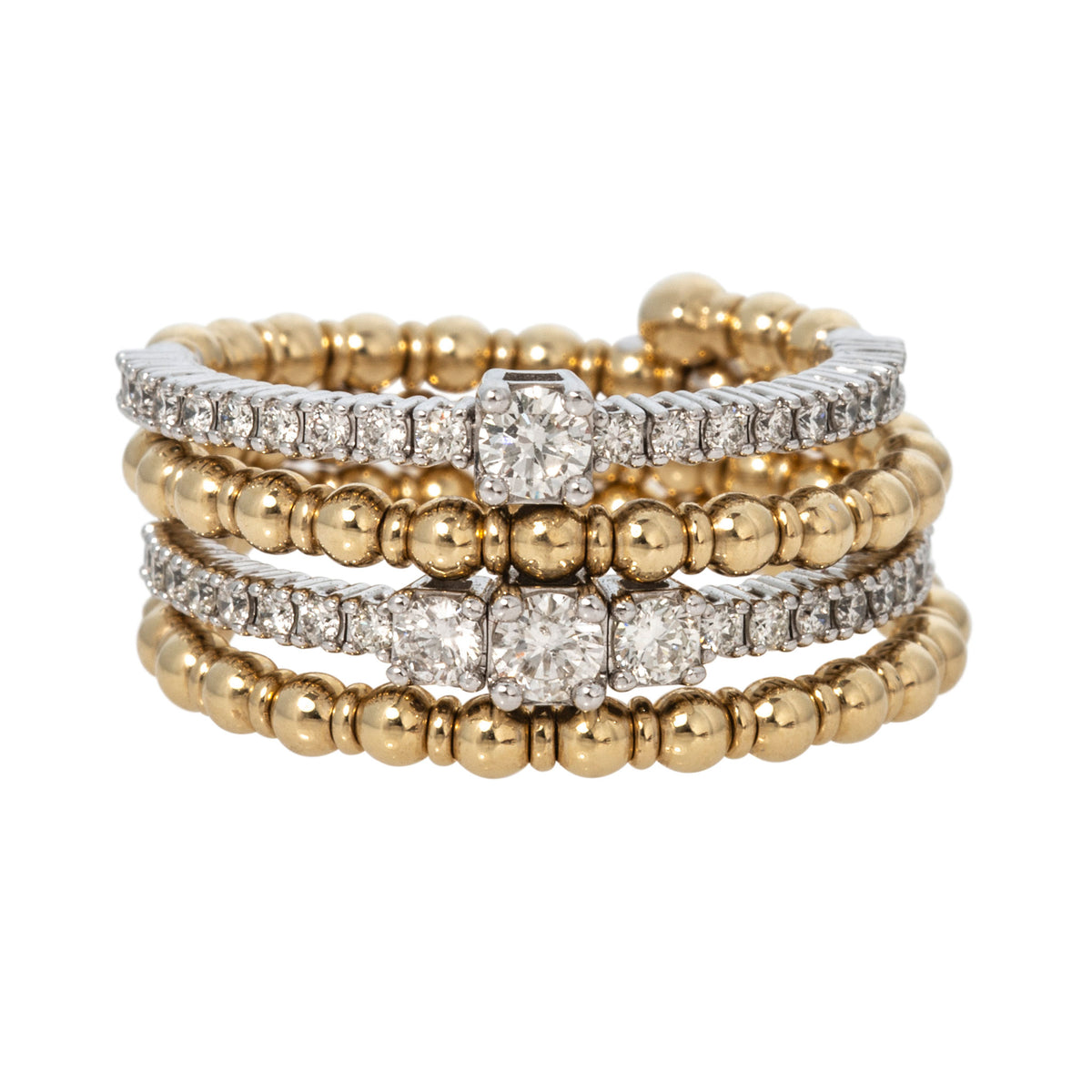 14K two-tone gold coil wrap ring with rows of round diamonds in white gold and polished yellow gold beads.