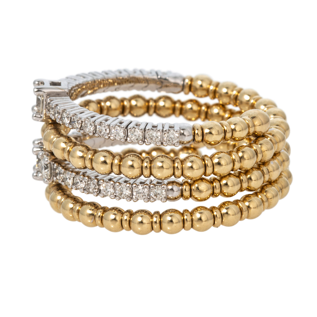 Side view of two-tone gold diamond coil ring showing yellow gold beads and diamond-set white gold wrapping rows.