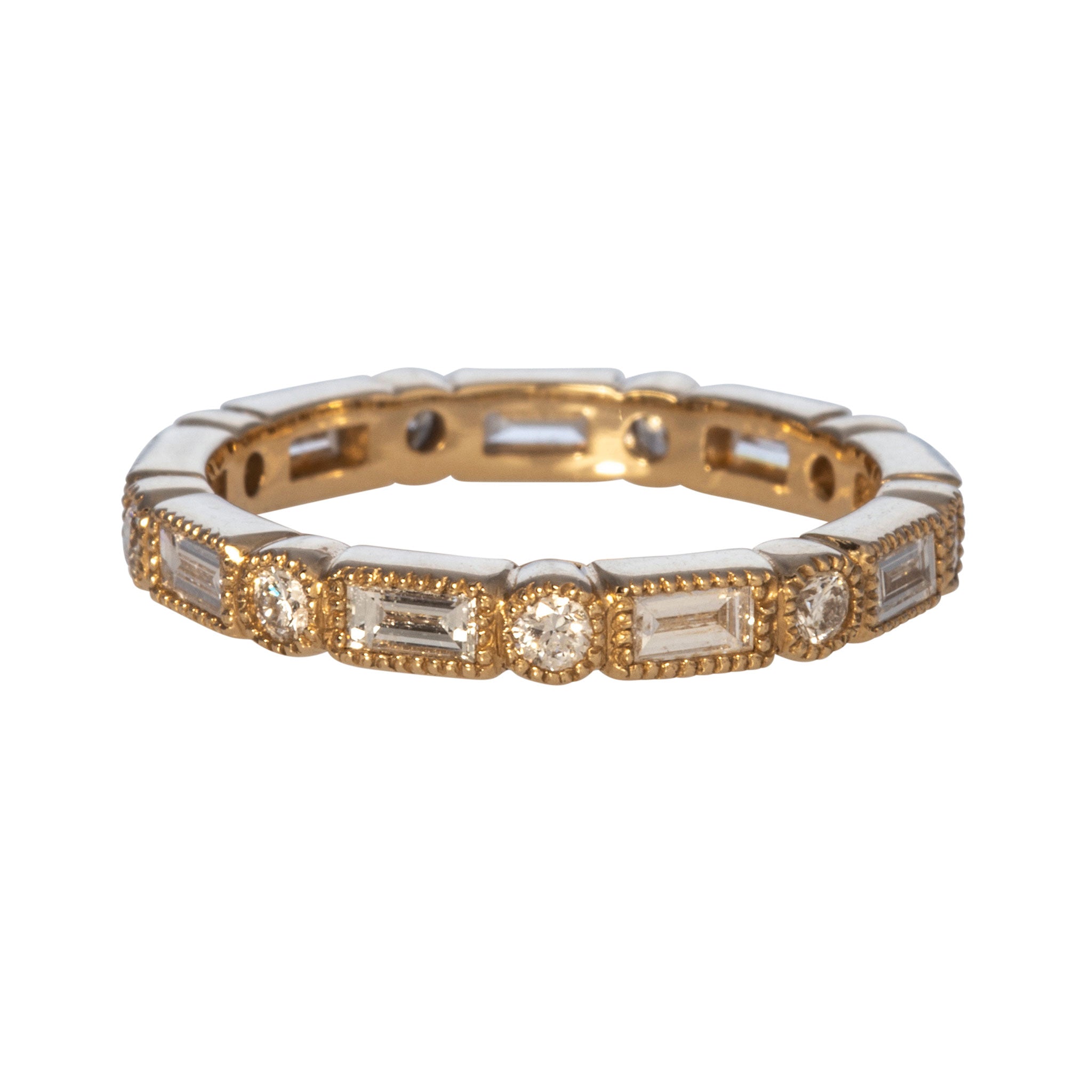 Baguette & Round Diamond Eternity Milgrain 14K Yellow Gold Band