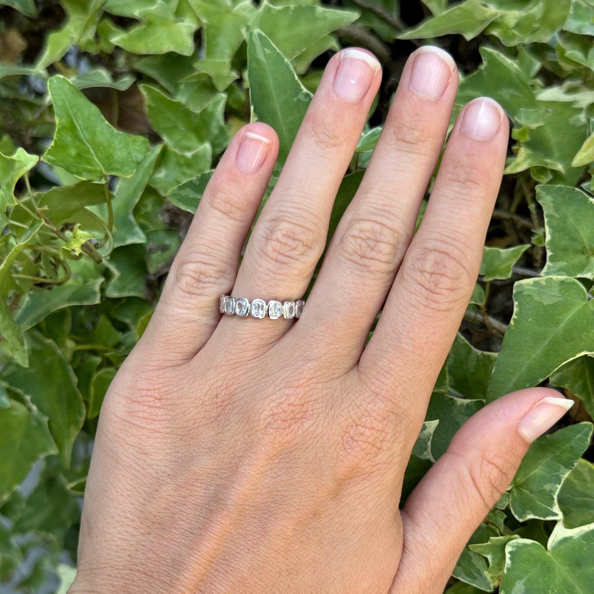 Cushion Diamond Bezel Set 18K White Gold Halfway Band